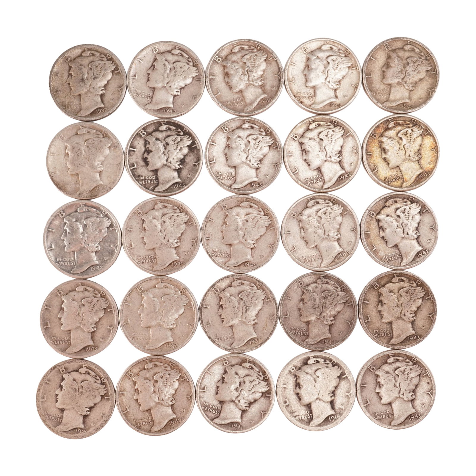 Lot of 25 Loose Mercury 90% Silver Dimes, Circulated: Obverse designed with an allegory of Liberty wearing a winged Phrygian cap (freedom of thought) is surrounded with the word "LIBERTY" and accompanied with the motto: "IN GOD WE TRUST". Reverse fasces 