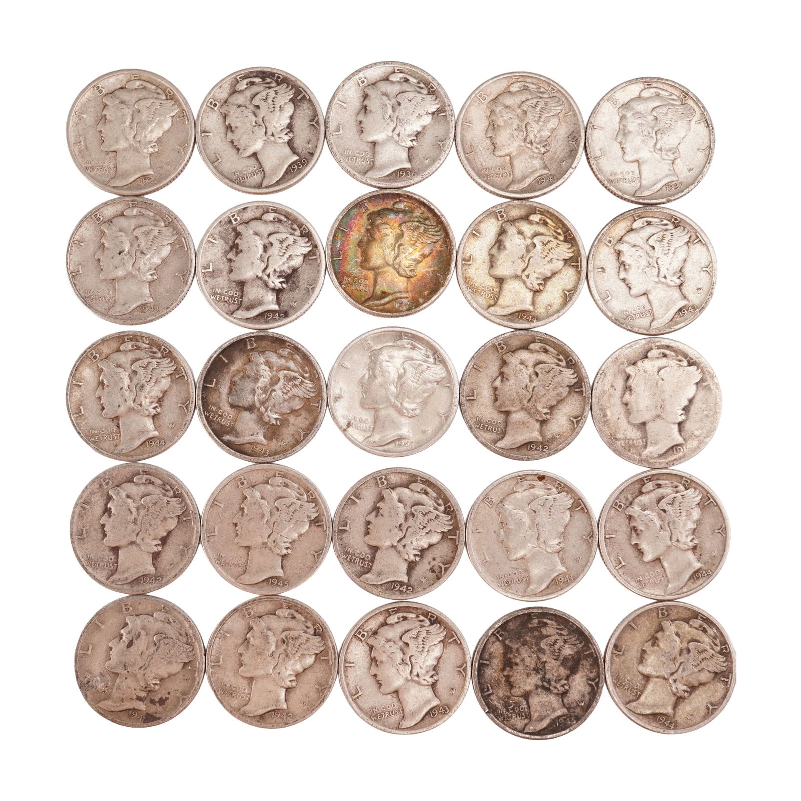 Lot of 25 Loose Mercury 90% Silver Dimes, Circulated: Obverse designed with an allegory of Liberty wearing a winged Phrygian cap (freedom of thought) is surrounded with the word "LIBERTY" and accompanied with the motto: "IN GOD WE TRUST". Reverse fasces 