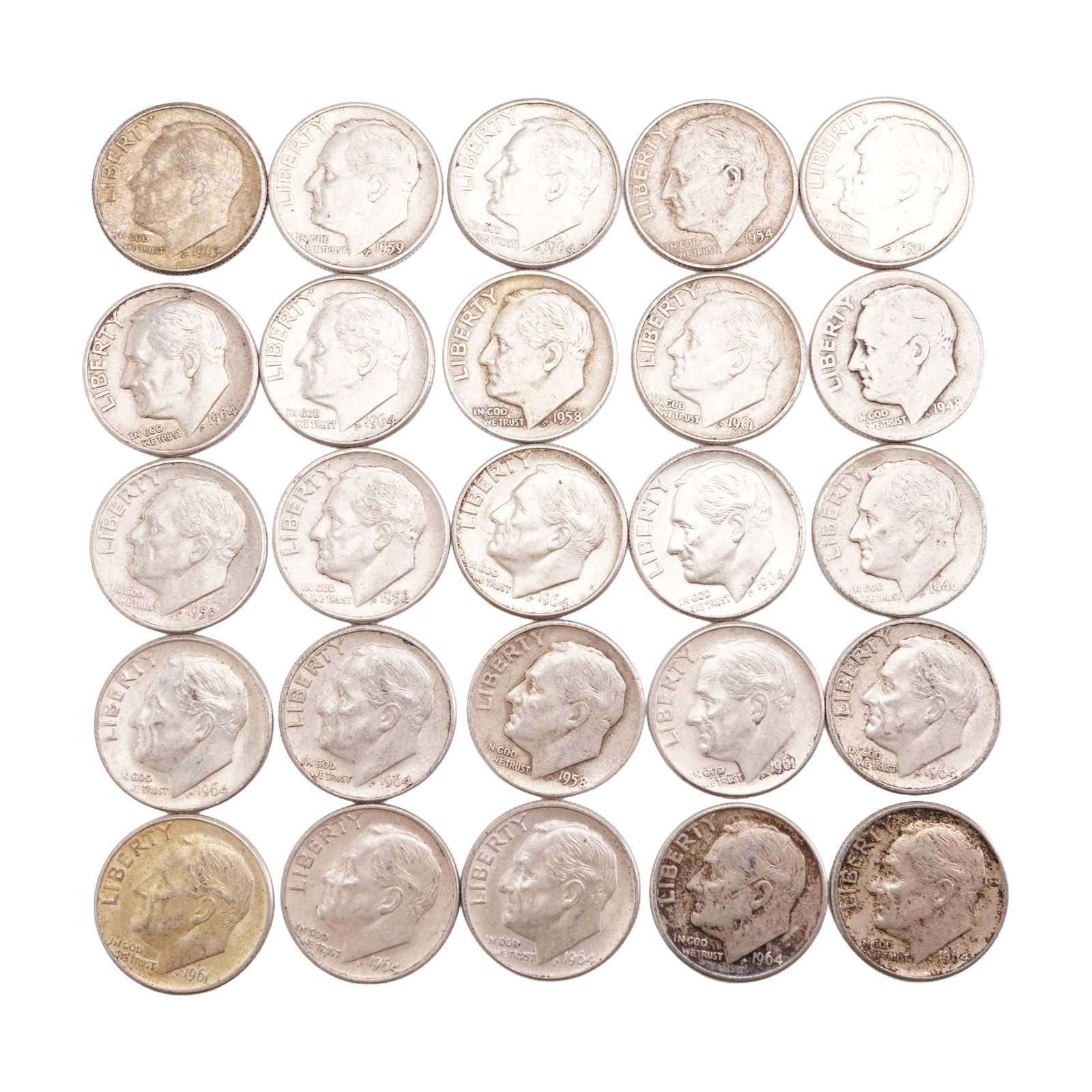 Lot of 25 Loose Roosevelt 90% Silver Dimes, Circulated: Obverse portrait in left profile of Franklin D. Roosevelt, the 32nd President of the United States from 1933 to his death in 1945, is accompanied with the motto: "IN GOD WE TRUST" and surrounded with 