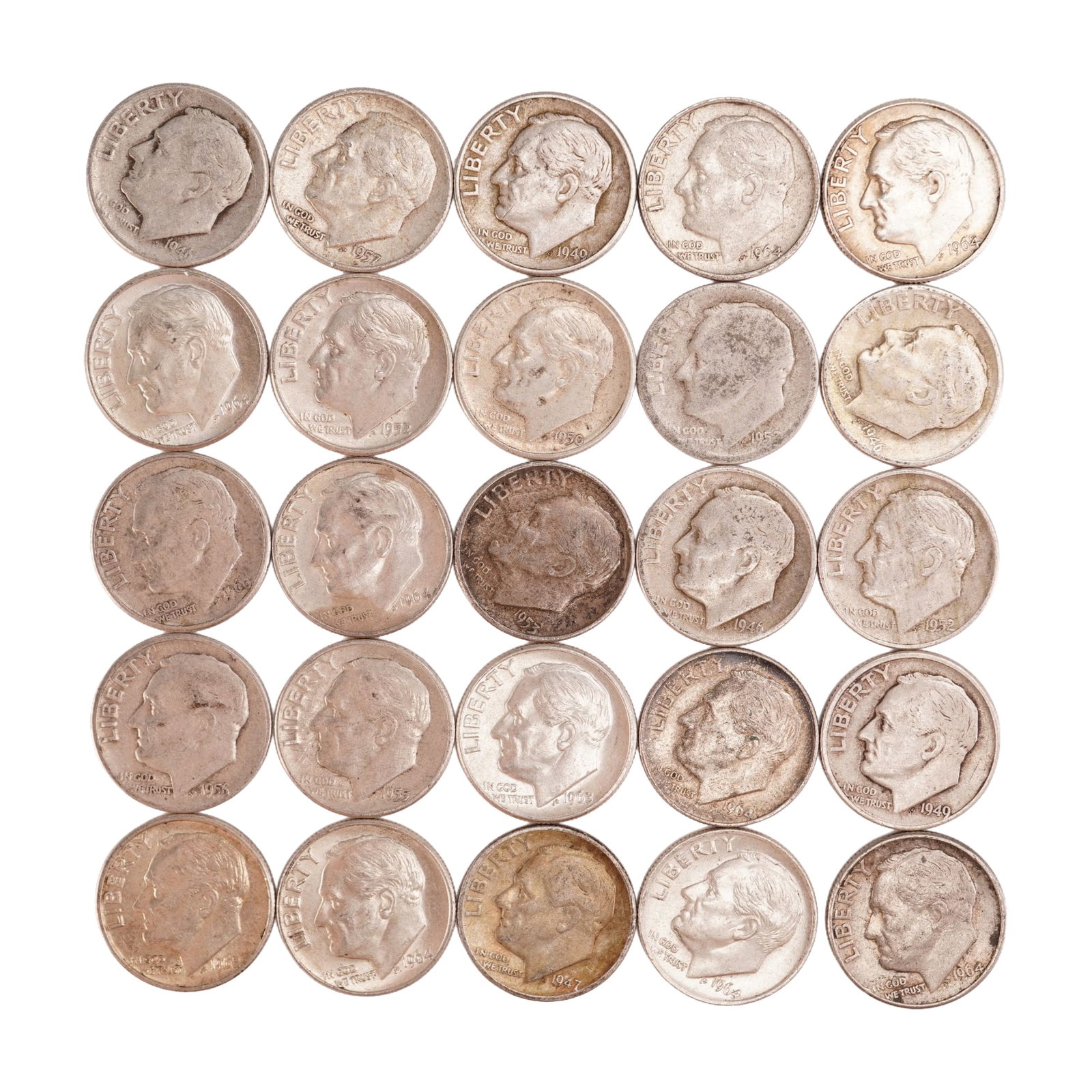 Lot of 25 Loose Roosevelt 90% Silver Dimes, Circulated: Obverse portrait in left profile of Franklin D. Roosevelt, the 32nd President of the United States from 1933 to his death in 1945, is accompanied with the motto: "IN GOD WE TRUST" and surrounded with 