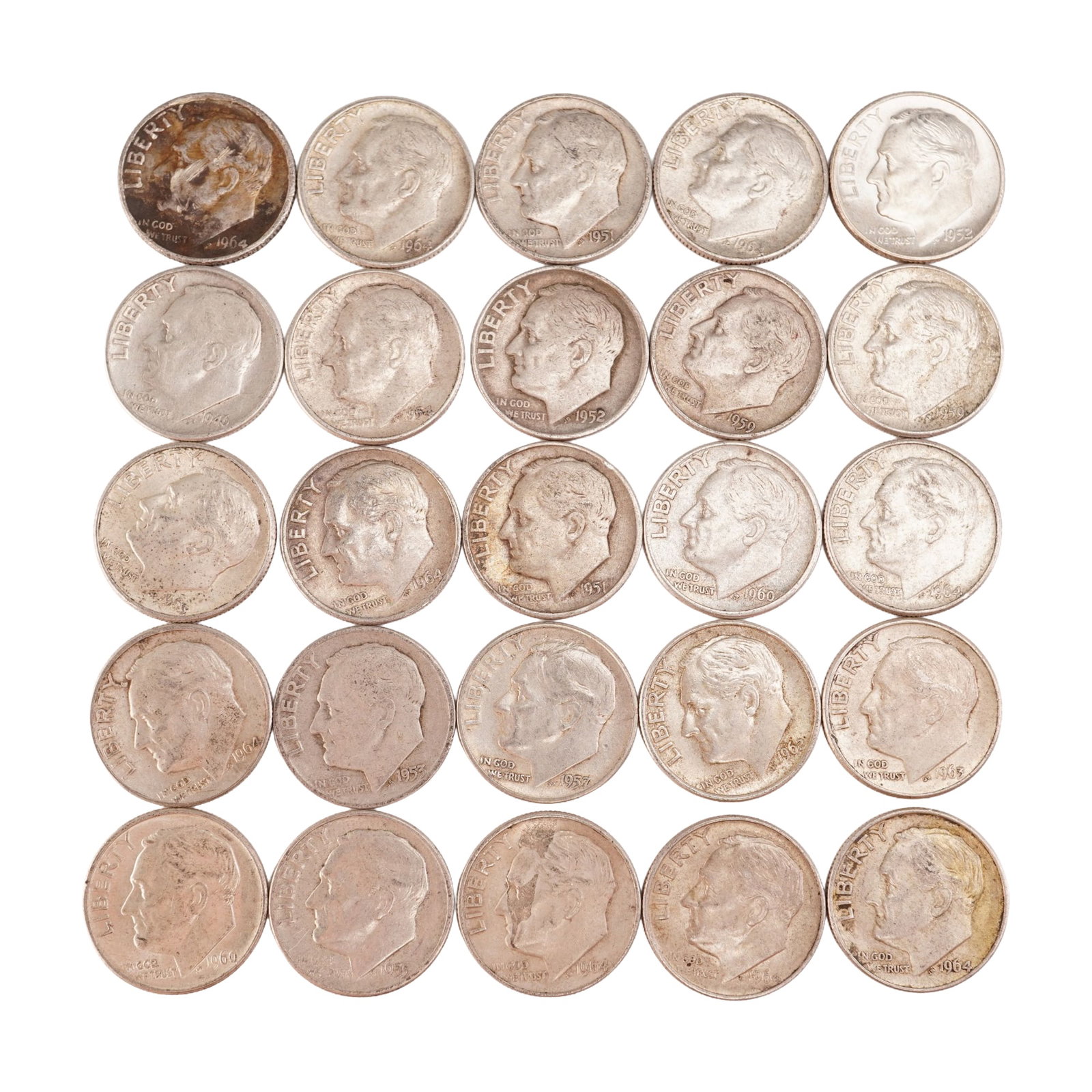 Lot of 25 Loose Roosevelt 90% Silver Dimes, Circulated: Obverse portrait in left profile of Franklin D. Roosevelt, the 32nd President of the United States from 1933 to his death in 1945, is accompanied with the motto: "IN GOD WE TRUST" and surrounded with 