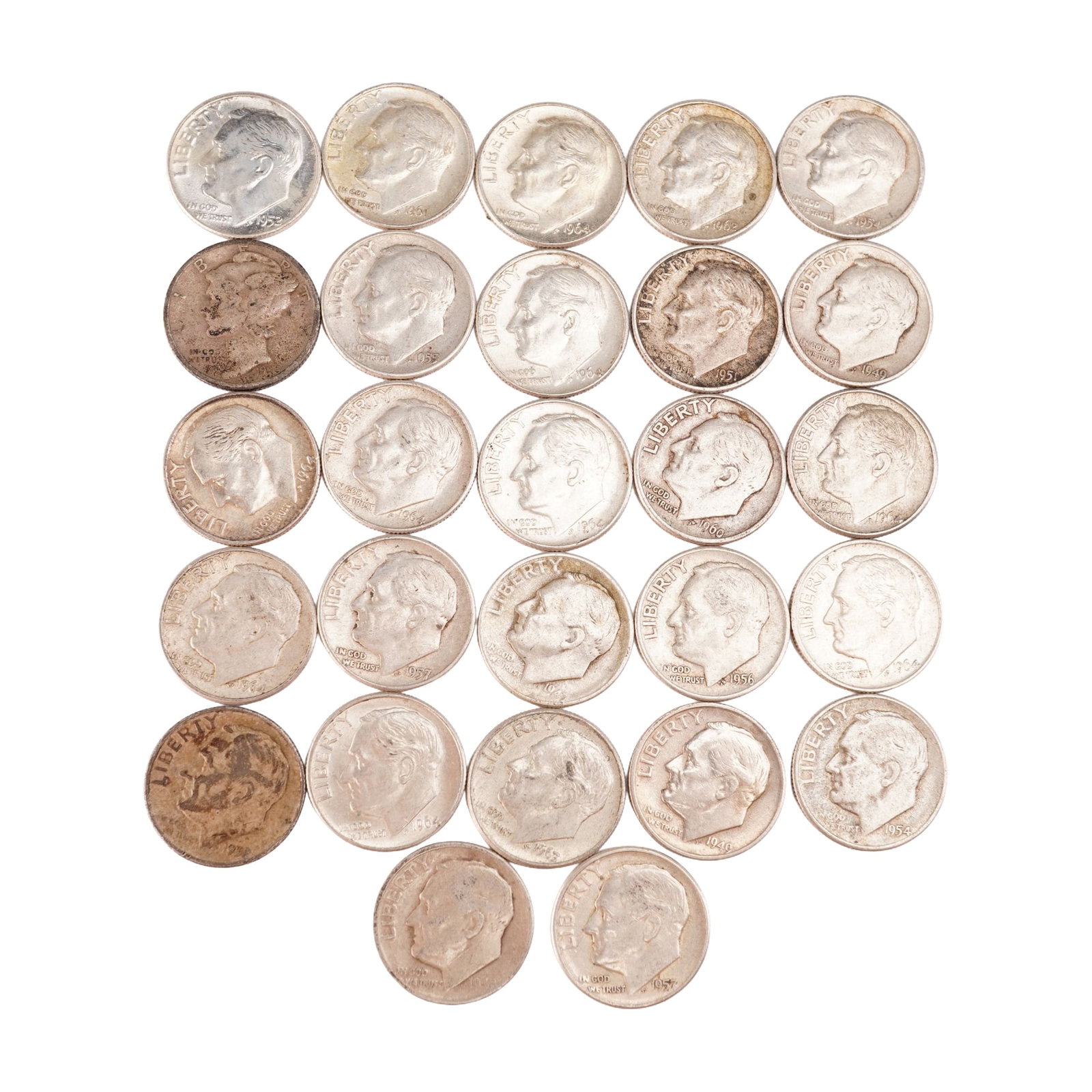 Lot of 27 Loose Roosevelt 26 and 1 Mercury 90% Silver Dimes, Circulated: Obverse portrait in left profile of Franklin D. Roosevelt, the 32nd President of the United States from 1933 to his death in 1945, is accompanied with the motto: "IN GOD WE TRUST" and surrounded with 