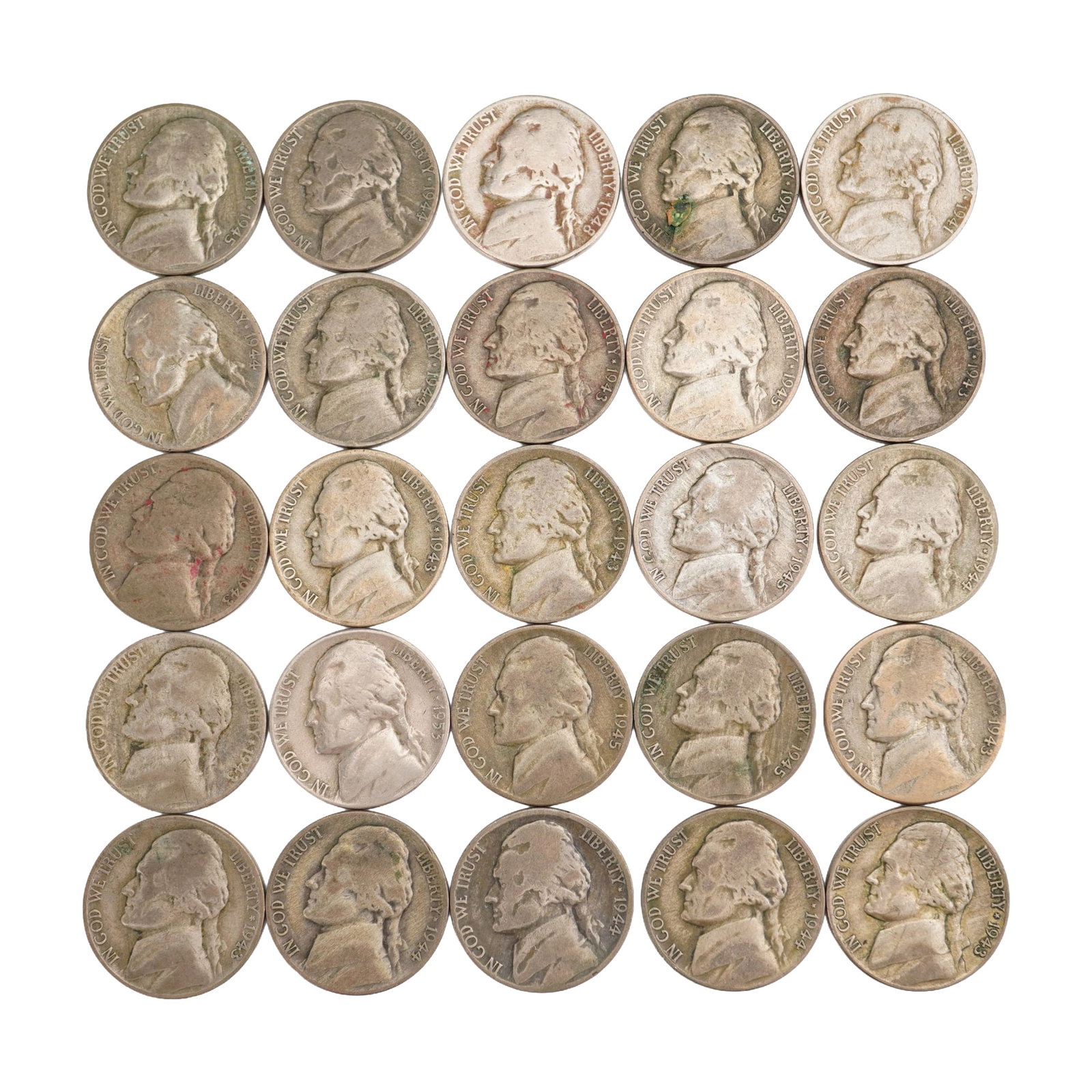 Lot of 25 Jefferson Wartime Nickel .350 Silver Coin, Circulated: Obverse portrait of Thomas Jefferson facing left surrounded with LIBERTY and IN GOD WE TRUST. Reverse Monticello, Thomas Jefferson's Virginia home, with E PLURIBUS UNUM and UNITED STATES OF AMERICA. T