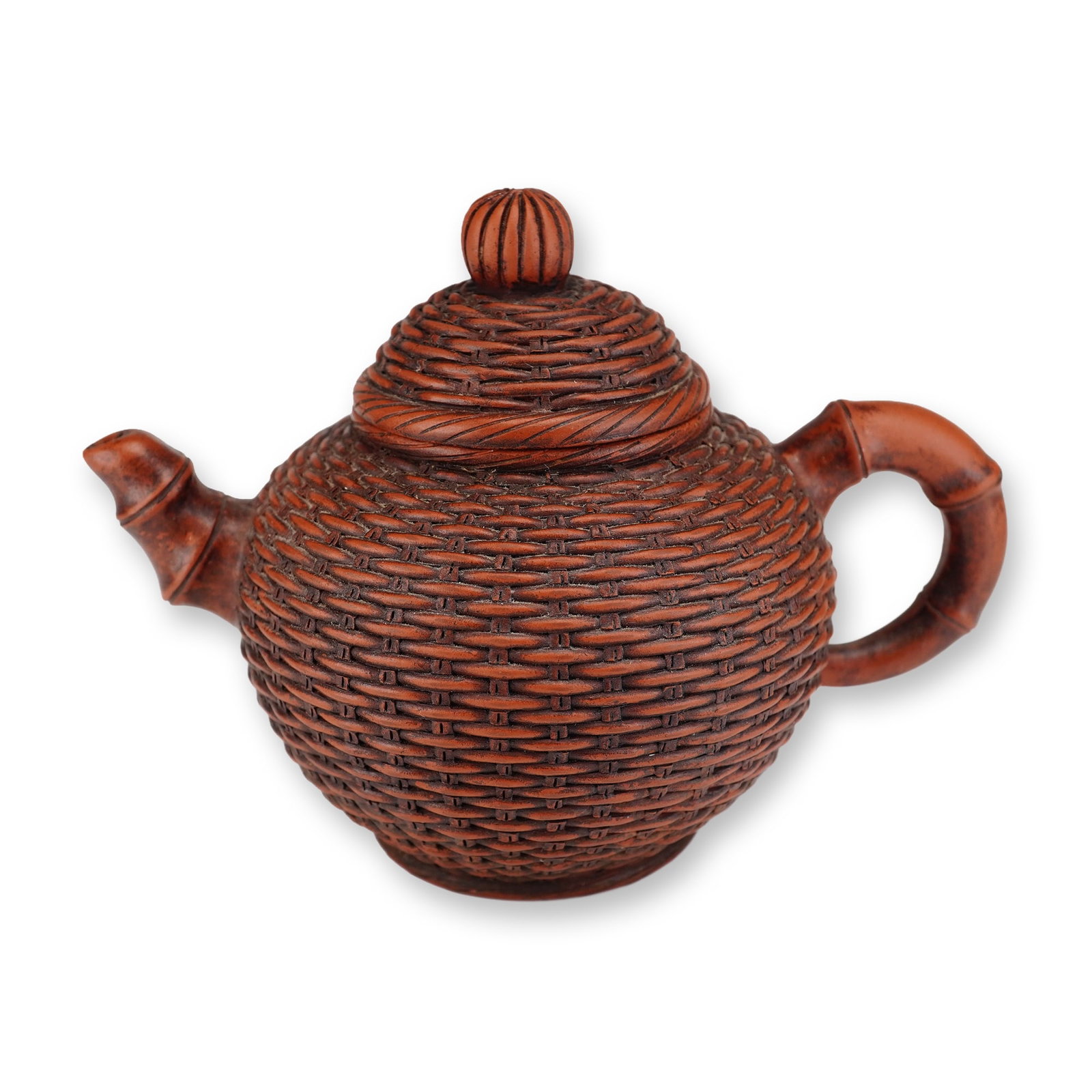Small Chinese Porcelain Woven Basket-Style Brown Teapot with Lid: A small Chinese porcelain teapot featuring an intricate woven basket-style pattern across the globular body and domed lid. The vessel is finished in a matte brown color, and its design includes a hand