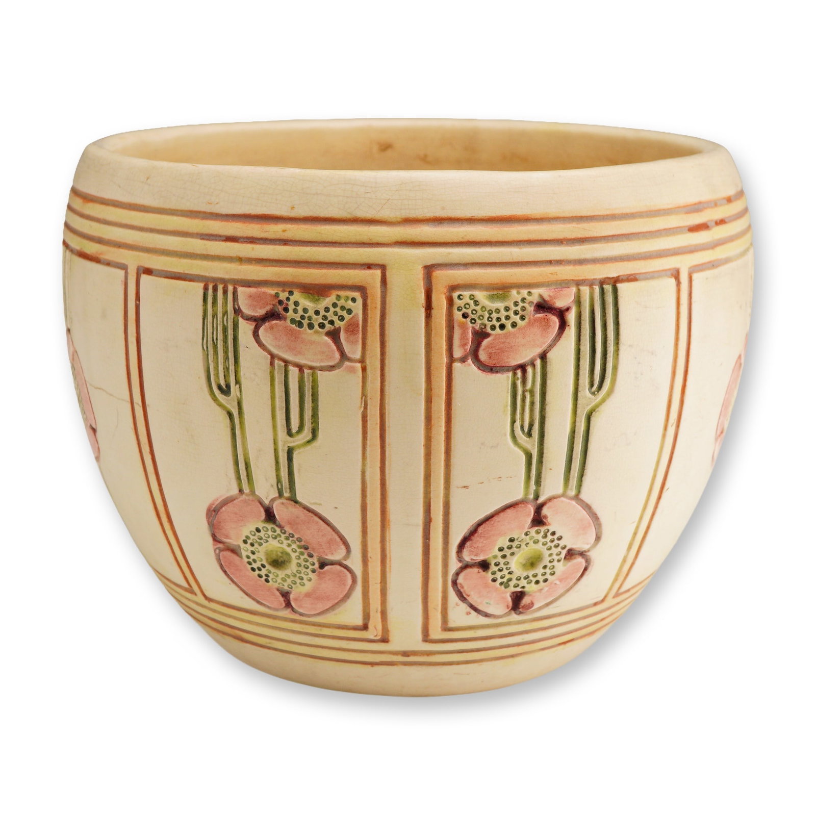 Weller Pottery Floral Jardiniere, Flemish: The vessel features a tapered cylindrical form with a characteristic matte ivory glaze. The exterior body is divided into rectangular panels containing low-relief molded stylized poppies in shades of 