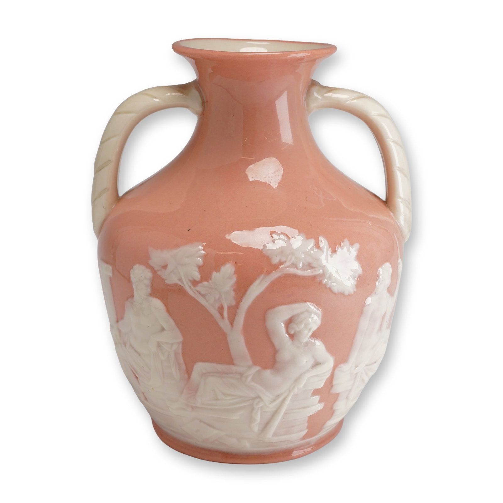 A Pate-sur-Pate Style Glazed Porcelain Double-Handled Vase: A glazed porcelain double-handled vase featuring neoclassical pate-sur-pate style decoration on a glossy salmon-pink ground. The vase is designed with an ovoid body tapering to a flared neck and resti