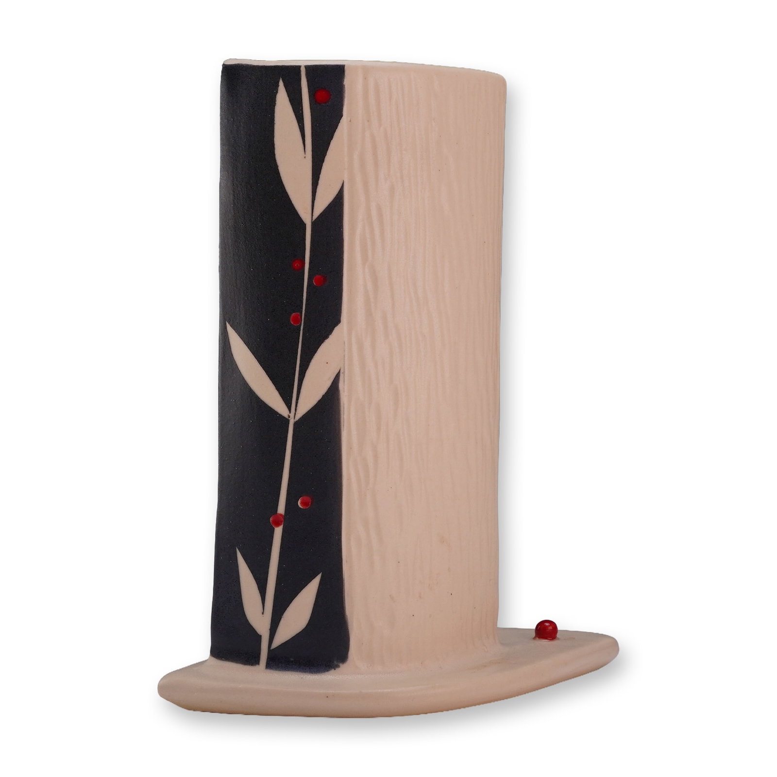 Rita Vali Studio Ceramic Prairie Vase: This contemporary studio ceramic Prairie vase is a hand-formed work by artist Rita Vali. The vessel features a tall, slender form with a lenticular cross-section that tapers slightly toward the top. I