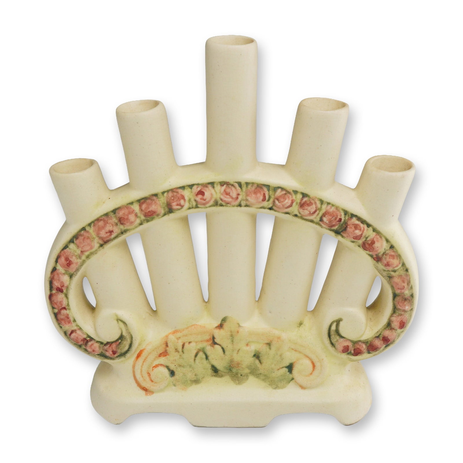 Weller Pottery Roma Pattern Five-Part Ceramic Fan Bud Vase: An Art Nouveau-style multi-stem fan vase produced by Weller Pottery of Ohio, in the Roma pattern. This molded ceramic vessel features five upright tubes of graduated heights arranged in a fan configur