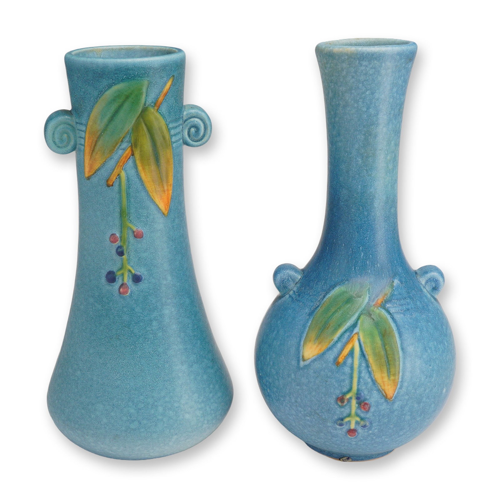 2pc Weller Pottery Dual Handled Vases, Cornish Blue Berry (1 of 4)