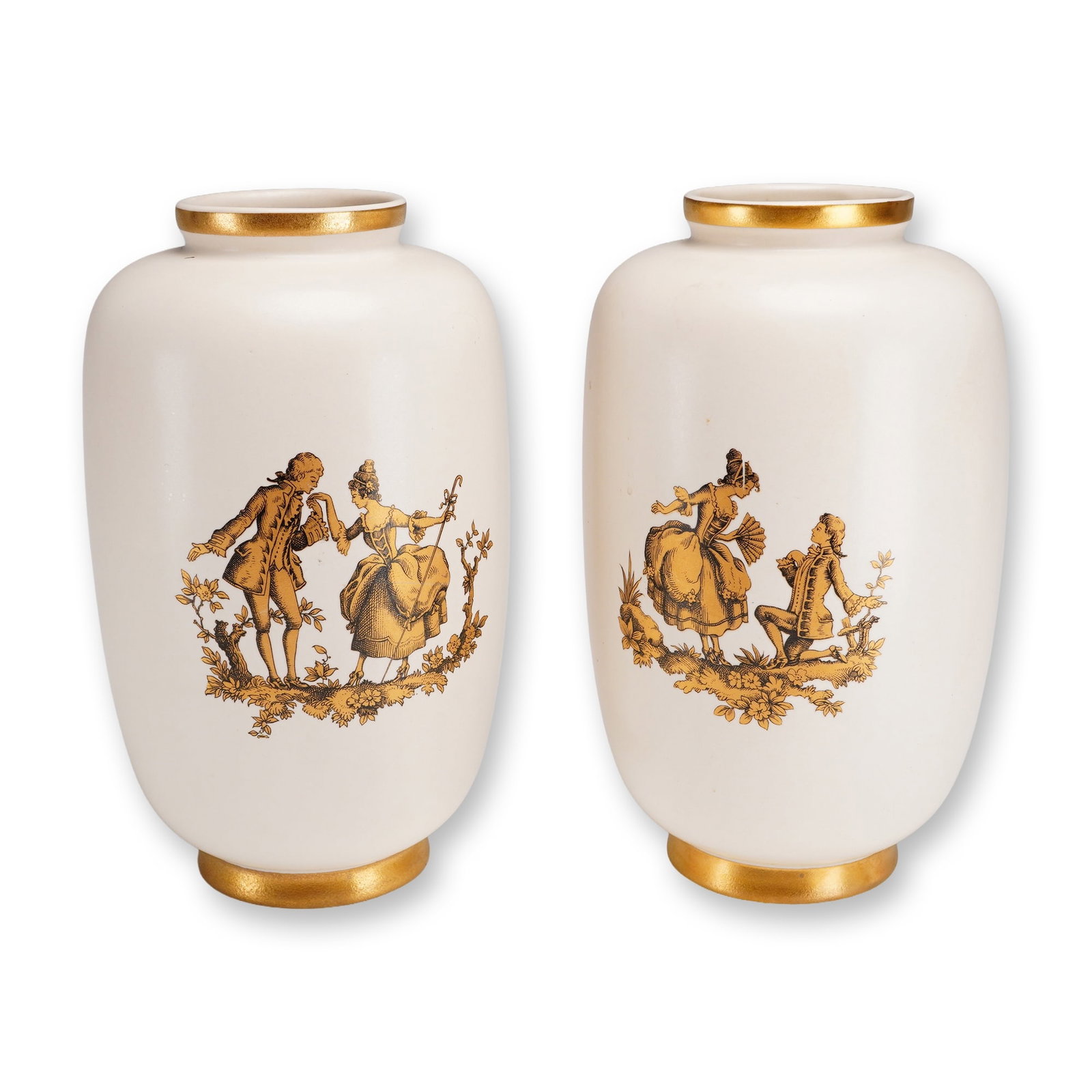 Pair of Hyalyn Pottery Silhouette Vases with Courting Couples: A pair of Mid-Century Modern ceramic vases produced by Hyalyn Porcelain of Hickory, North Carolina. These vases feature an ovoid, capsule-like "urn silhouette" form finished in a matte eggshell or cre