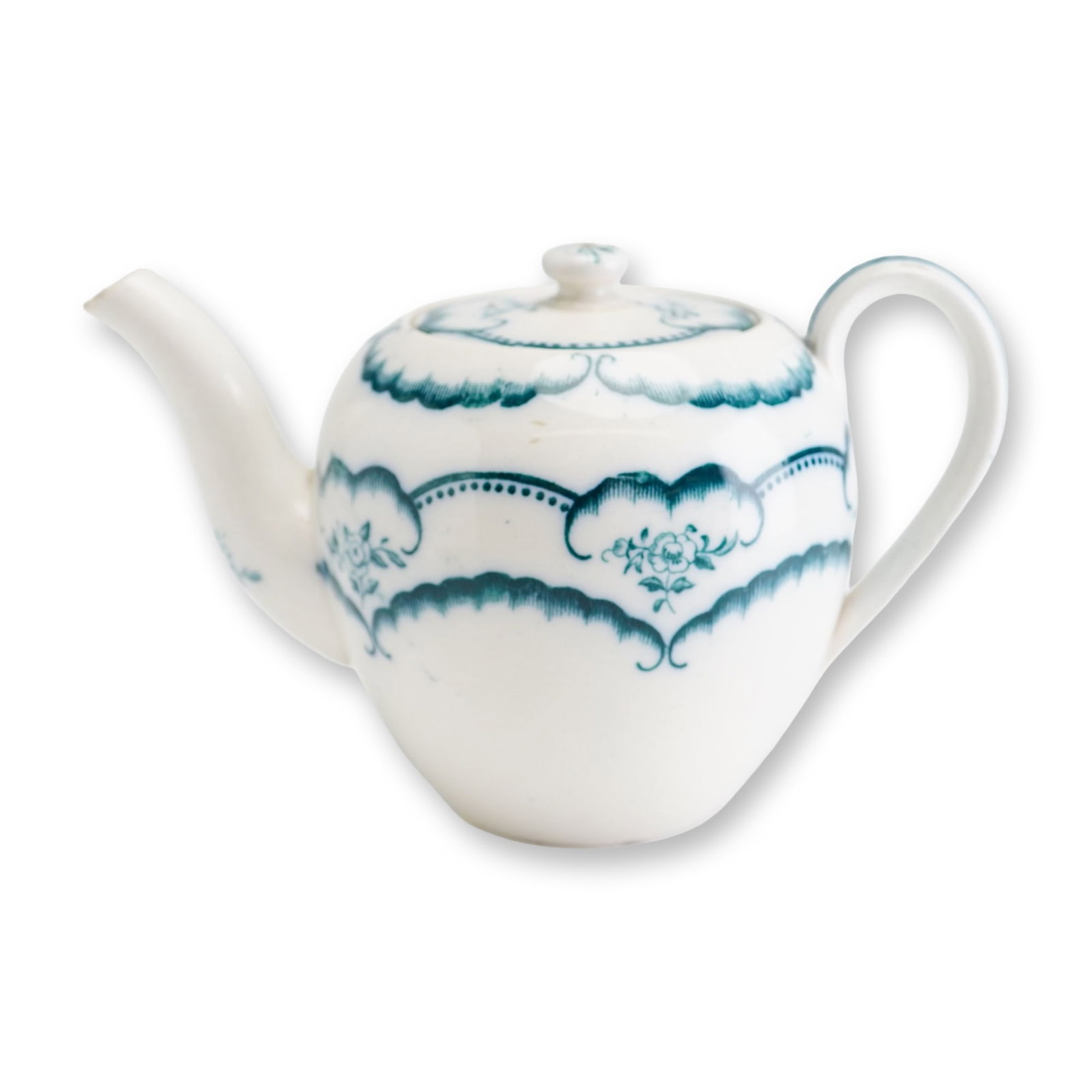Wedgwood Earthenware Mini Teapot with Blue Floral Decoration: A Wedgwood earthenware mini teapot featuring a globular body decorated with transfer-printed floral patterns in a deep teal blue-green color. The design is organized into three horizontal registers of