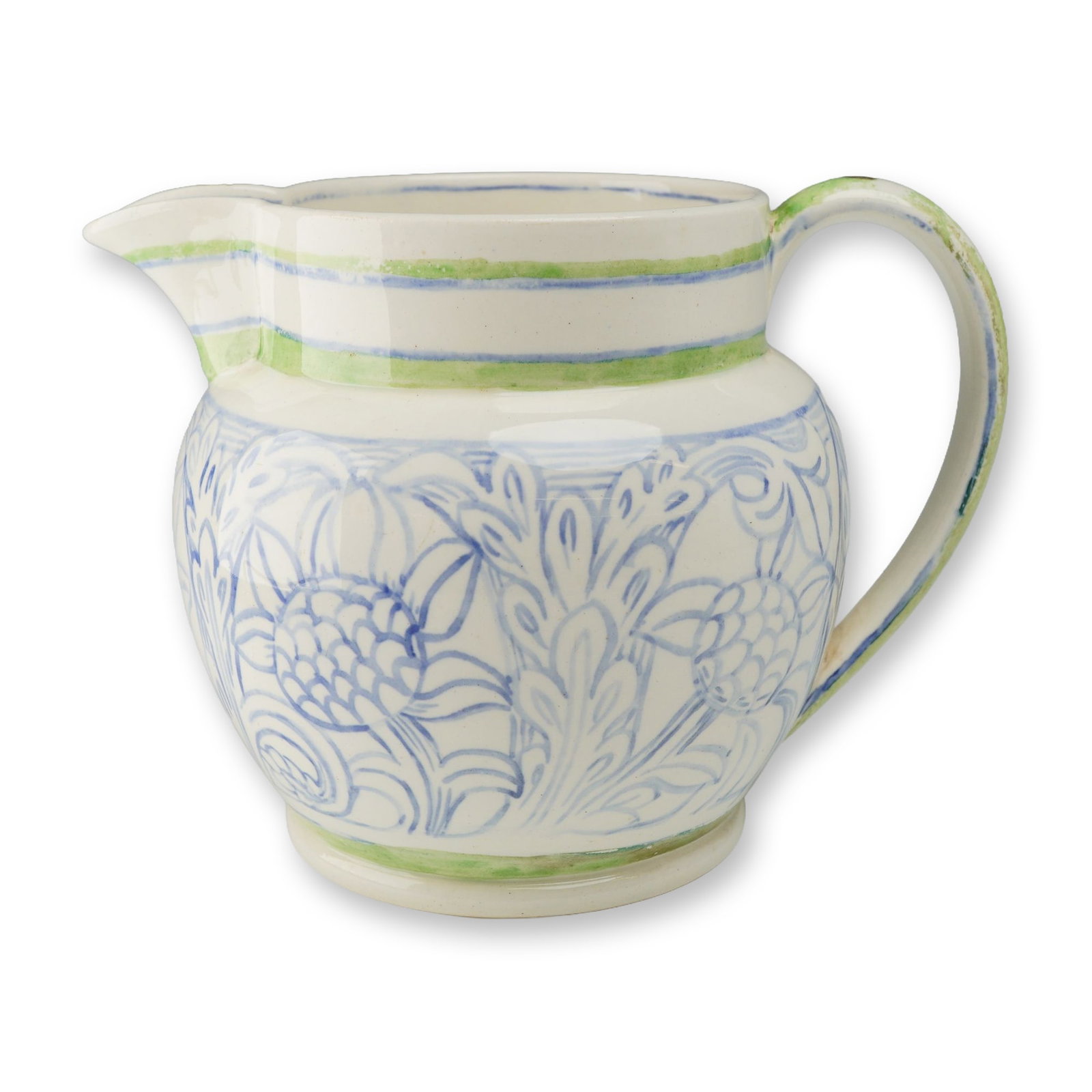 Wedgwood Hand Painted Earthenware Pitcher with Blue Floral and Green Striped Decoration: A small bulbous pitcher manufactured by Wedgwood in England, circa 1934. The piece is constructed of glazed earthenware and features a wide cylindrical neck with a flared rim and integral pinched spou