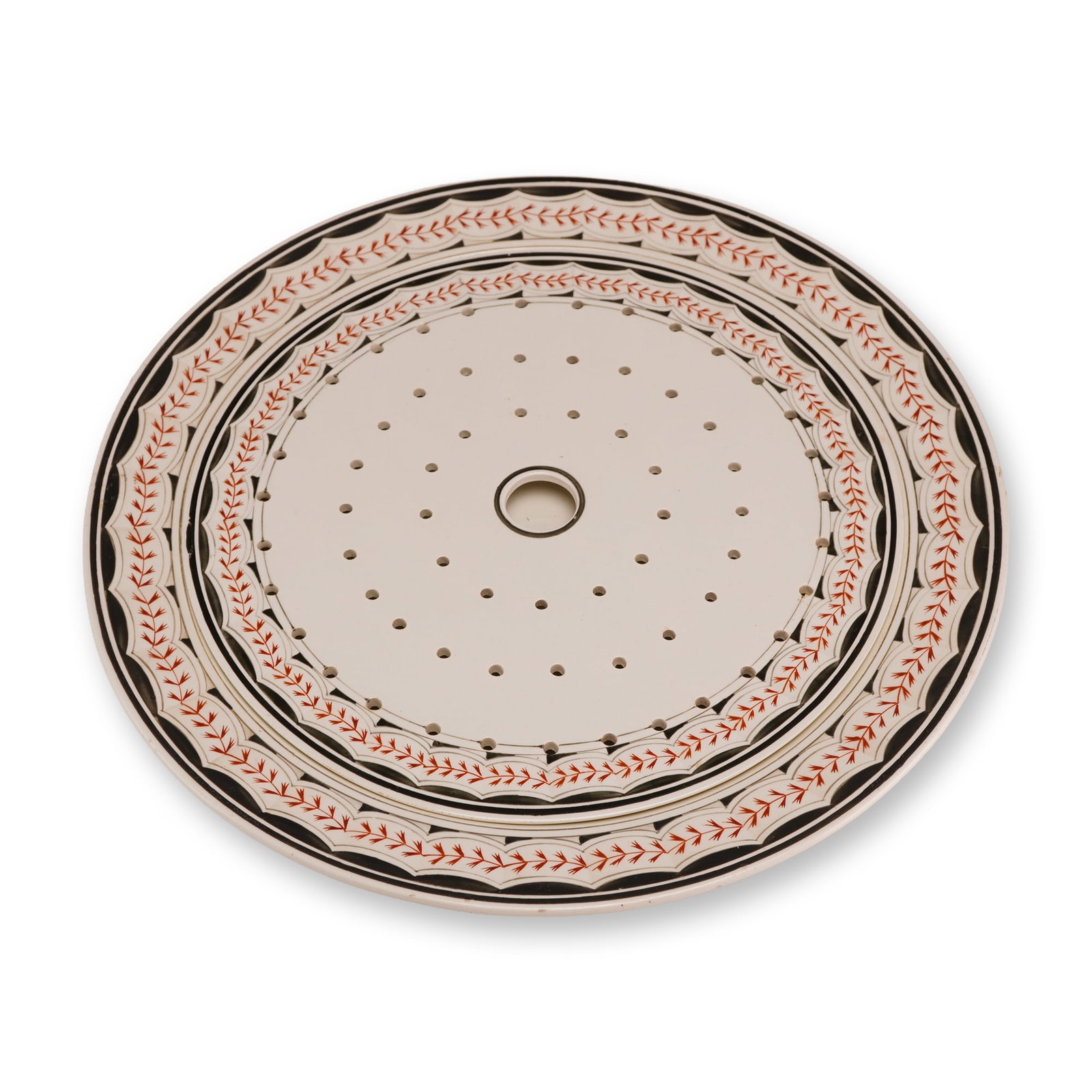 Wedgwood Creamware Circular Strainer Insert and Plate: This circular ceramic strainer insert, also referred to as a mezzanine or drainer, is an example of English creamware from the WW Rubin Collection. The piece is constructed from earthenware with a cre