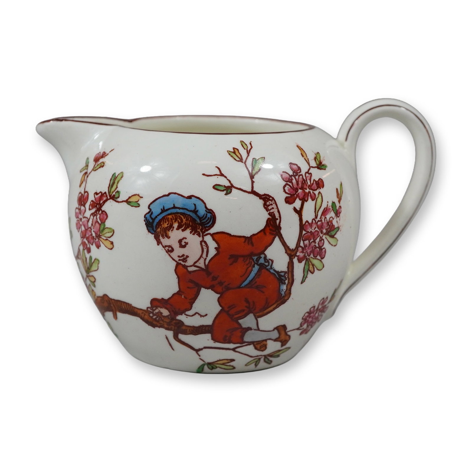 Wedgwood Earthenware Hand-Painted Children at Play Creamer: A Wedgwood fine earthenware creamer featuring a globular body, a short pointed spout, and a simple loop handle. The exterior is decorated with two hand-painted overglaze enamel scenes over transfer-pr