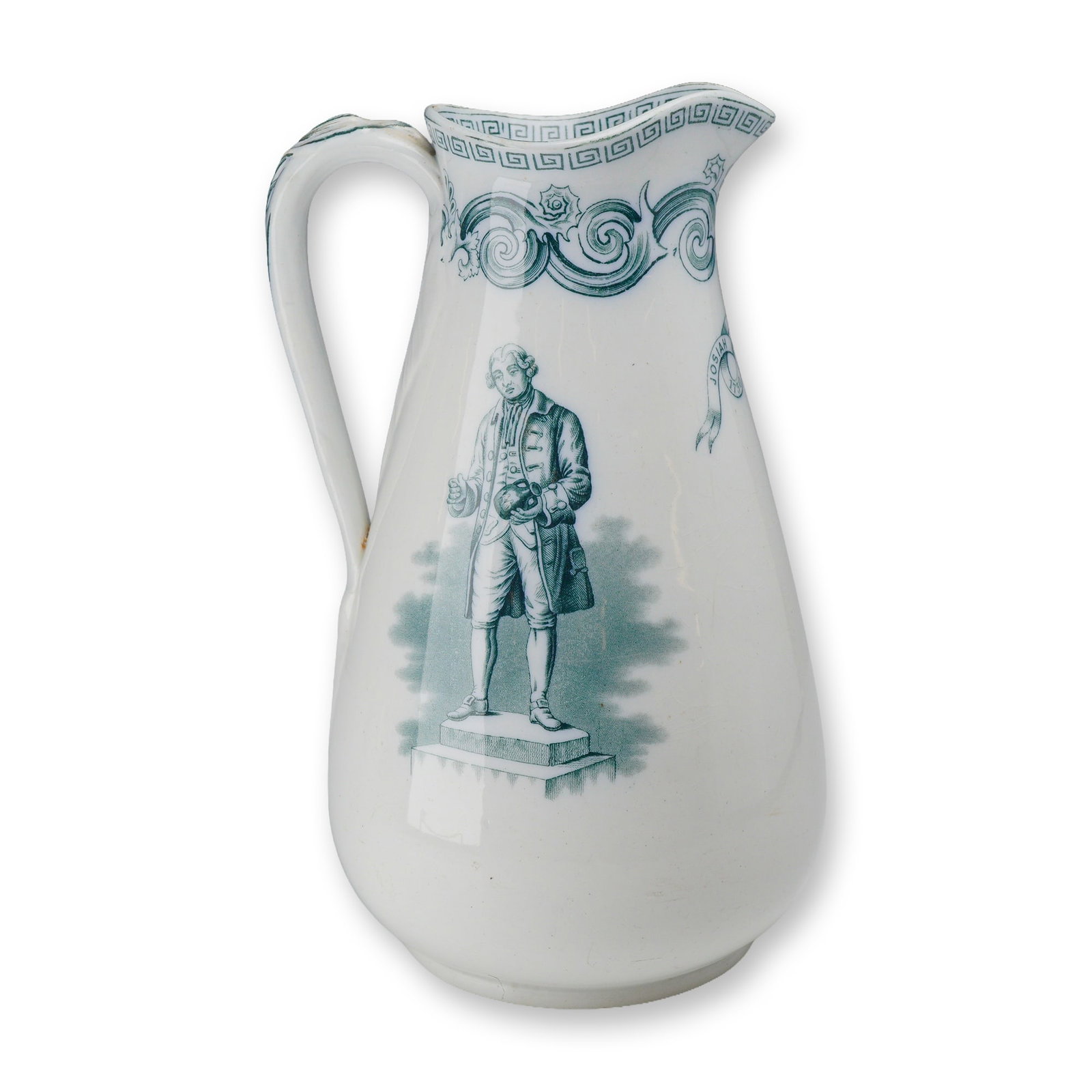 Commemorative Josiah Wedgwood Earthenware Pitcher: A commemorative ceramic pitcher constructed of glazed white earthenware, featuring monochrome green transfer-printed decoration. The vessel is designed with a bulbous ovoid body, a tapering neck, a pi