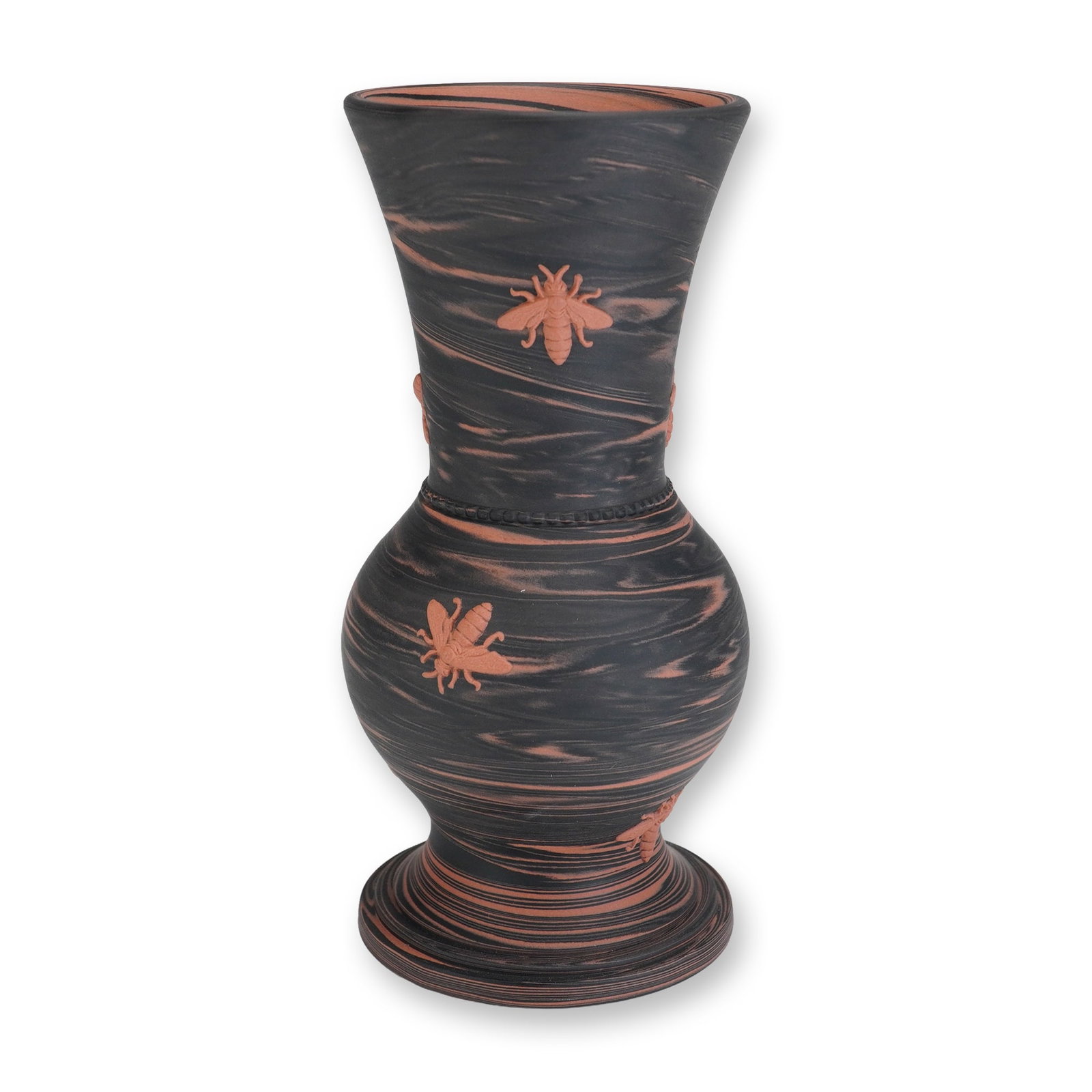 Wedgwood Black and Pink Swirled Jasperware Vase with Applied Bee Decoration: This footed baluster-form vase is manufactured by Wedgwood in England, featuring a swirled agate jasperware finish. The body is constructed from variegated black and pink stoneware clays marbled toget