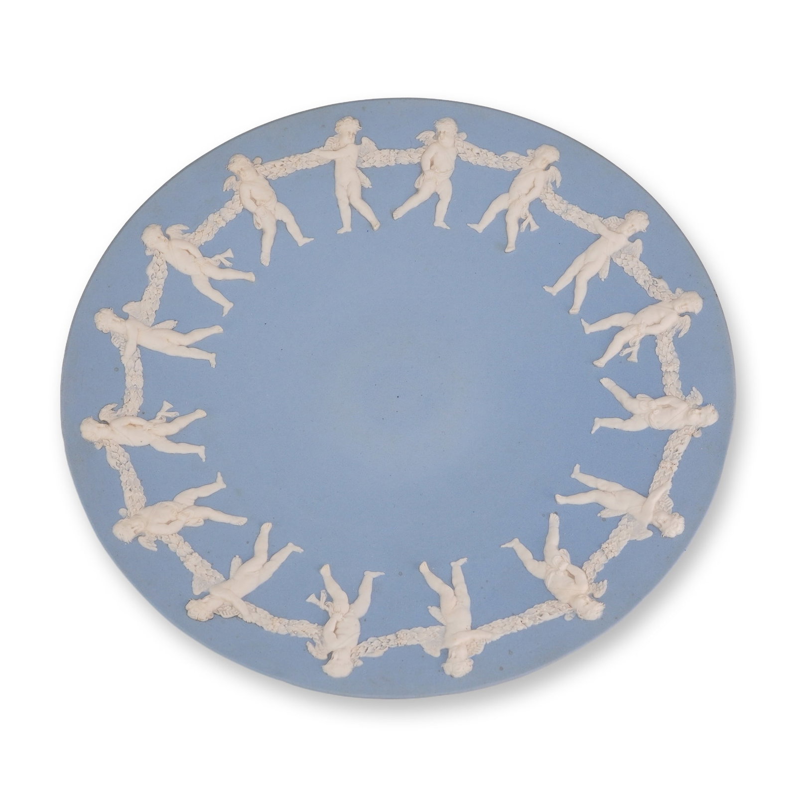 Wedgwood Blue Jasperware Pedestal Compote with Putti and Garlands: This item is a Wedgwood blue jasperware pedestal compote, also known as a tazza, featuring white sprigged bas-relief decoration on a light blue stoneware body. The interior of the wide, shallow bowl i