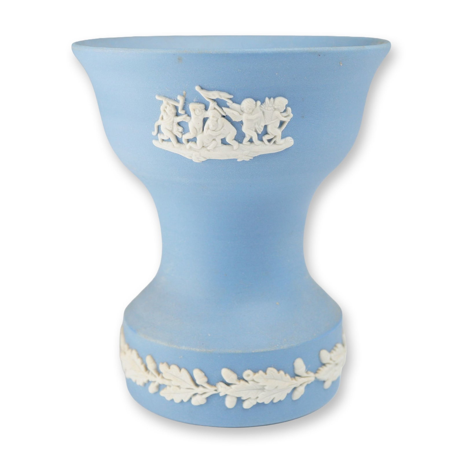 Wedgwood Style Blue Jasperware Cherub Vase by Ellis: A light blue and white stoneware vessel in the style of Wedgwood Jasperware, featuring a trumpet-shaped body on a wide cylindrical base. The piece is constructed from a matte, unglazed blue body with 