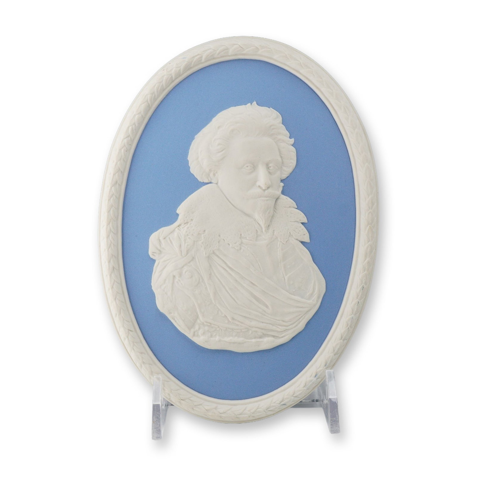 Wedgwood Blue and White Jasperware Limited Edition Portrait Plaque of Prince Frederick Henry of: This Wedgwood blue and white jasperware oval portrait plaque depicts Prince Frederick Henry of Orange. The item features a white jasper bas-relief portrait applied to a pale blue jasper ground, border