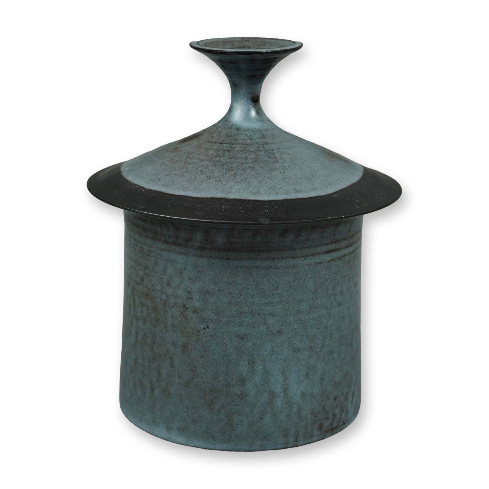 Robert Minkin for Wedgwood Stoneware Lidded Jar from the Rubin Collection: This cylindrical stoneware jar with a matching lid was designed by Robert Minkin for Wedgwood. The piece features a modernist form with a mottled blue-teal matte glaze on the body and center of the li