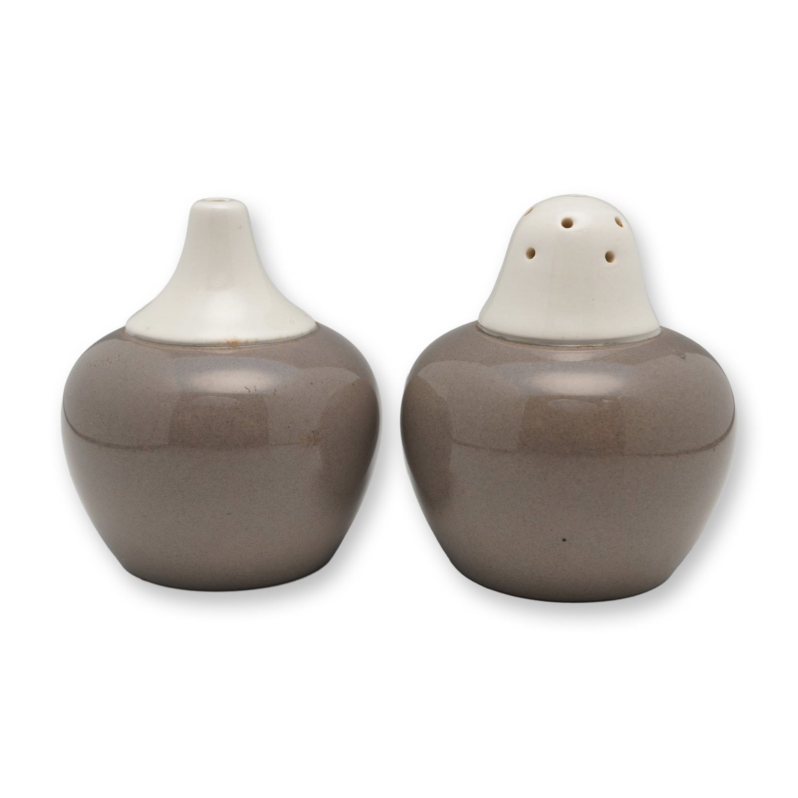 A Pair of Wedgwood Havana Salt and Pepper Shakers: A pair of Wedgwood Havana salt and pepper shakers. Each ceramic shaker features a bulbous, speckled grayish-brown glazed body, topped with a contrasting off-white/cream glazed neck. The undersides of 