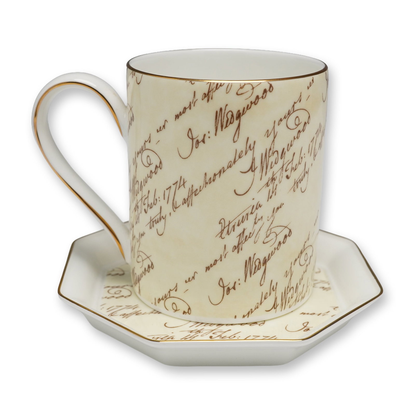 Josiah Wedgwood Bicentenary Cup and Saucer Set, Signed: Bone china cup and octagonal saucer set, each piece with a cream ground decorated in brown script resembling excerpts from historical letters, with gold banding on the rims and the cup handle. Undersi