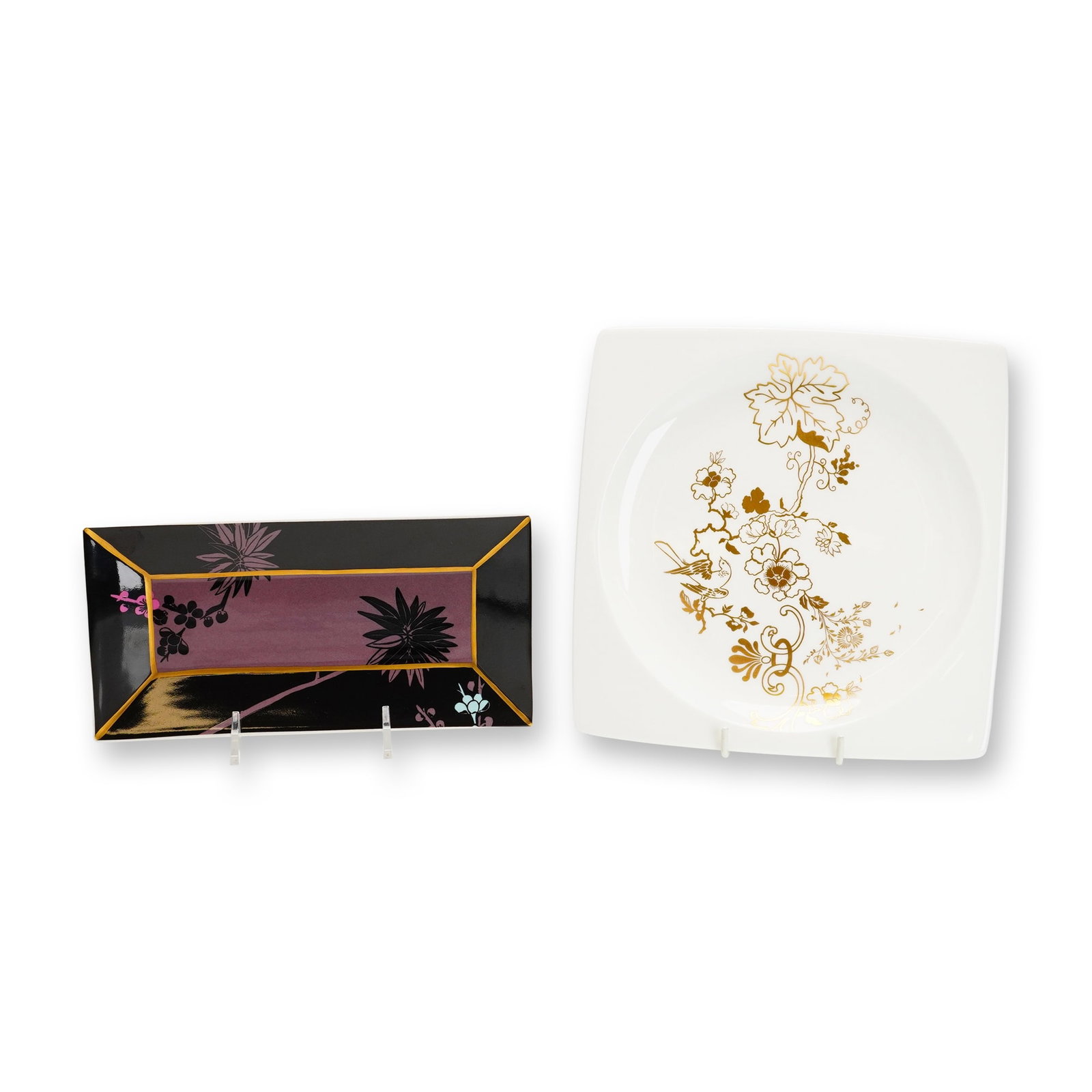 2pc Wedgwood Ceramic Serving Pieces, Prunus and Plato Gold Patterns: This lot comprises two contemporary Wedgwood ceramic items, including a Prunus pattern rectangular tray and a Plato Gold pattern square plate. The Prunus tray is crafted from fine china and features a
