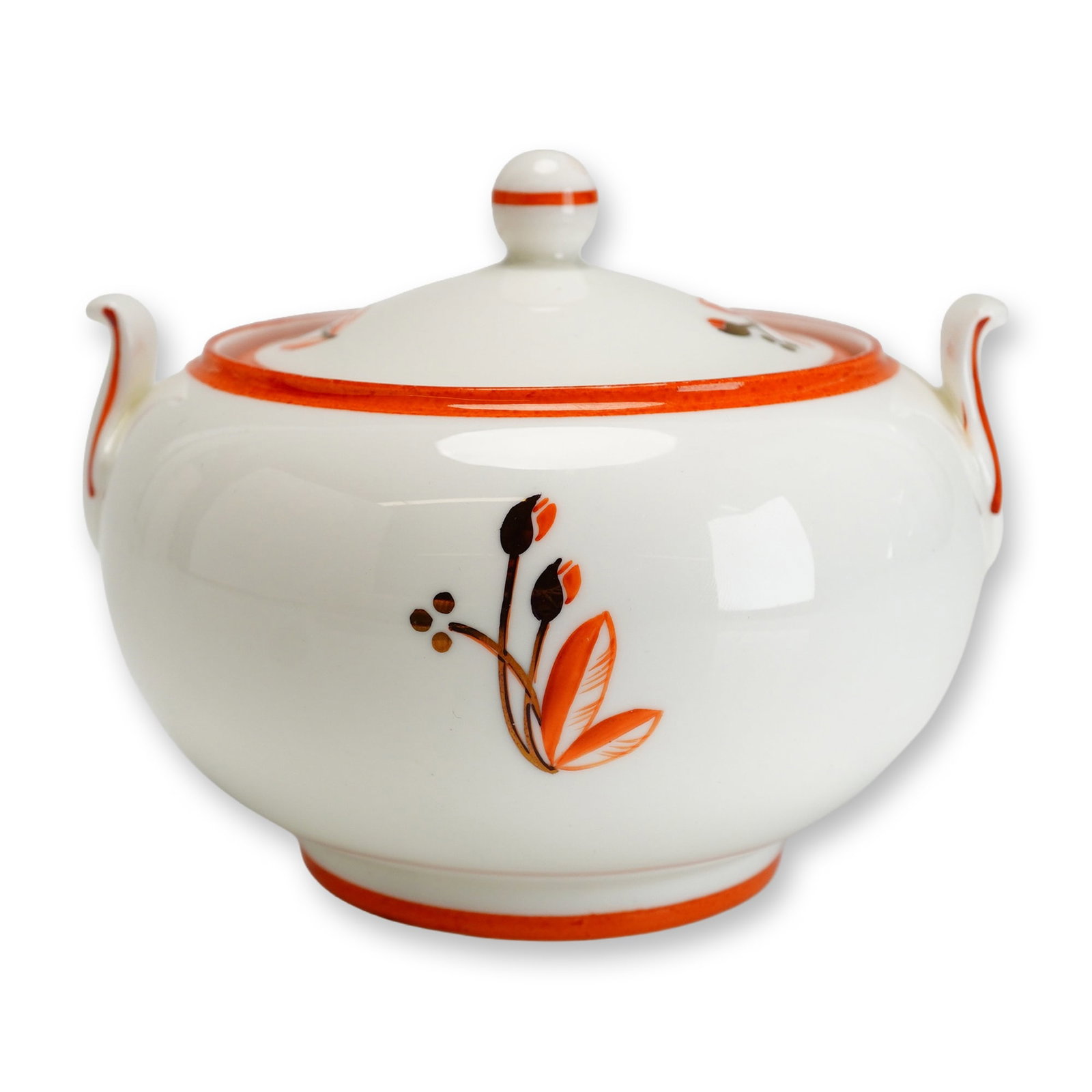 Wedgwood Keith Murray Lotus Pattern Bone China Covered Sugar Bowl: A Wedgwood fine bone china covered sugar bowl in the Lotus pattern designed by Keith Murray. The piece features a squat, rounded body with two small upturned lug handles and a coordinating domed lid t