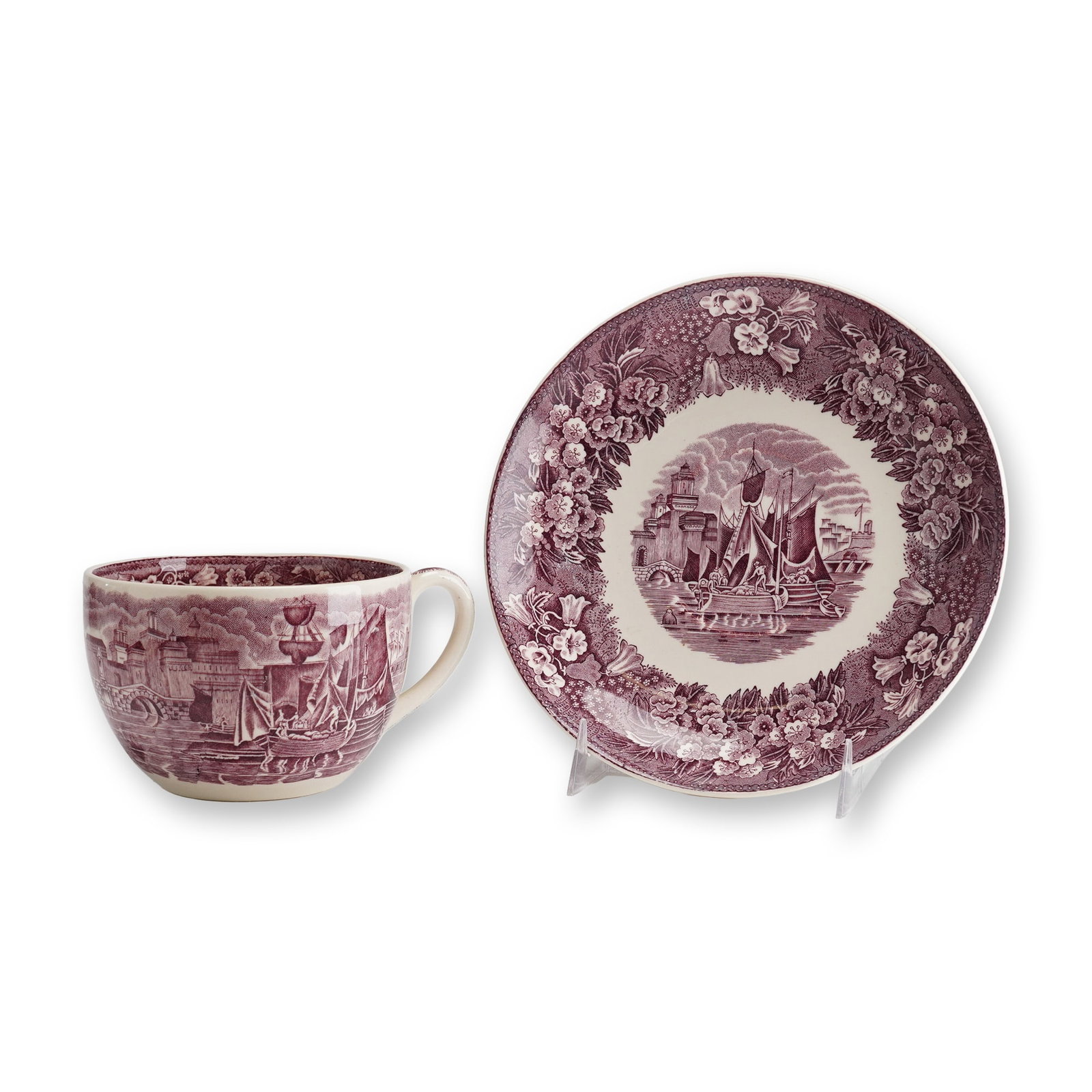 Wedgwood Ferrara Ruby Transferware Cup and Saucer: A pair of ceramic items consisting of one oversized cup and one corresponding saucer. This Wedgwood Etruria England & Barlaston Cup and Saucer Set was produced by Wedgwood of Etruria & Barlast