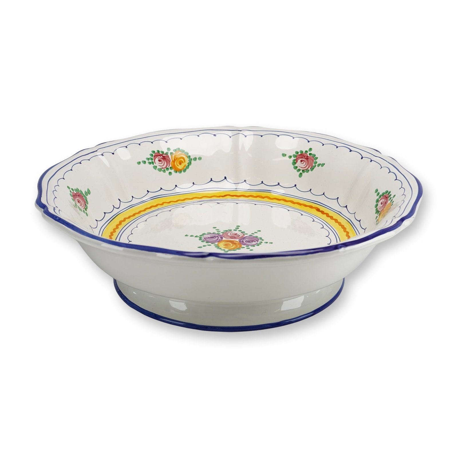 Armando Poggi Firenze Hand-Painted Italian Ceramic Centerpiece Bowl: A large, hand-painted Italian earthenware centerpiece bowl produced for or by the luxury retailer Armando Poggi in Florence. The bowl features a shallow, round form with a scalloped or lobed rim and i