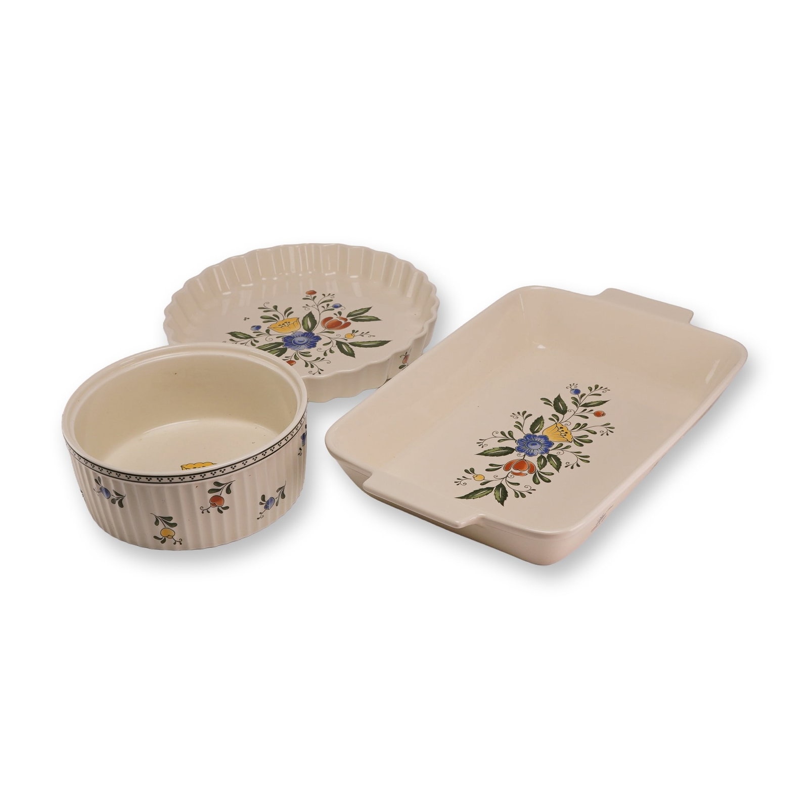 Set of 3 ASTA Aszi Pattern Porcelain Oven to Table Bakeware Dishes: This set of three vintage oven-to-table porcelain bakeware items was produced by ASTA in Japan, dated 1982. The collection features the Aszi pattern, characterized by a transfer-printed folk-art style