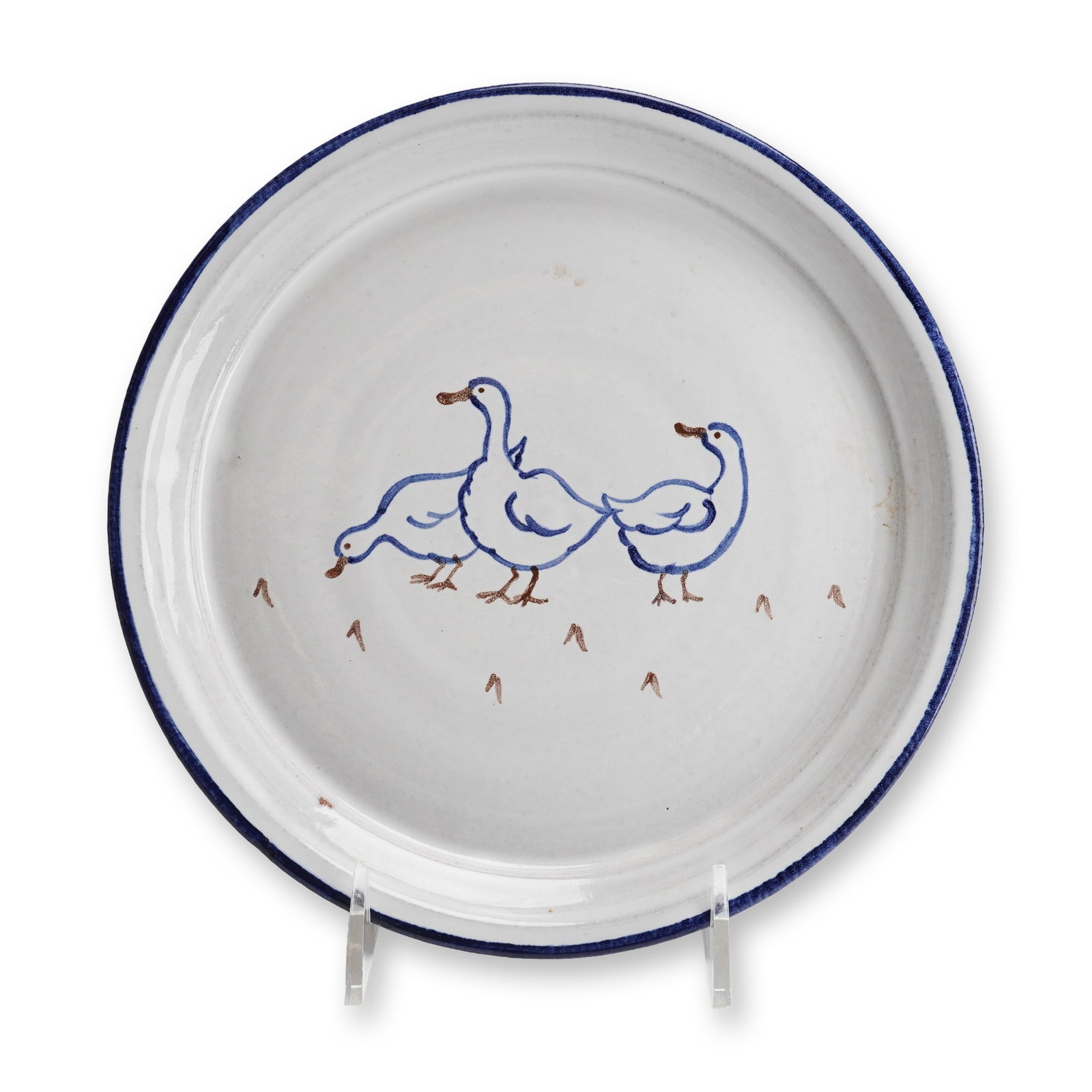 Studio Earthenware Plate with Stylized Duck Scene, Signed Valls, Dated 2014 (1 of 3)