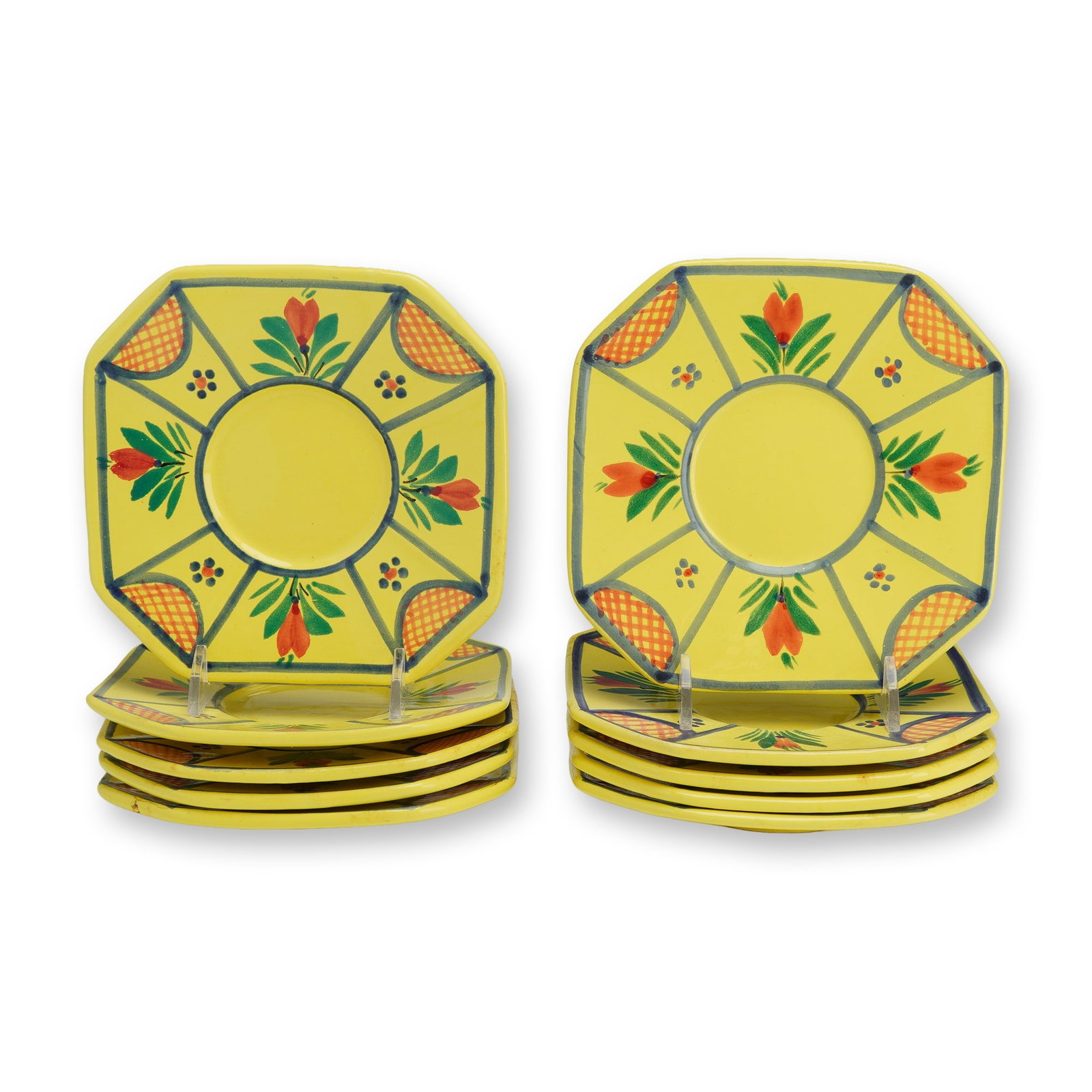 10pc HB Quimper French Faience Soleil Yellow Octagonal Saucers (1 of 4)