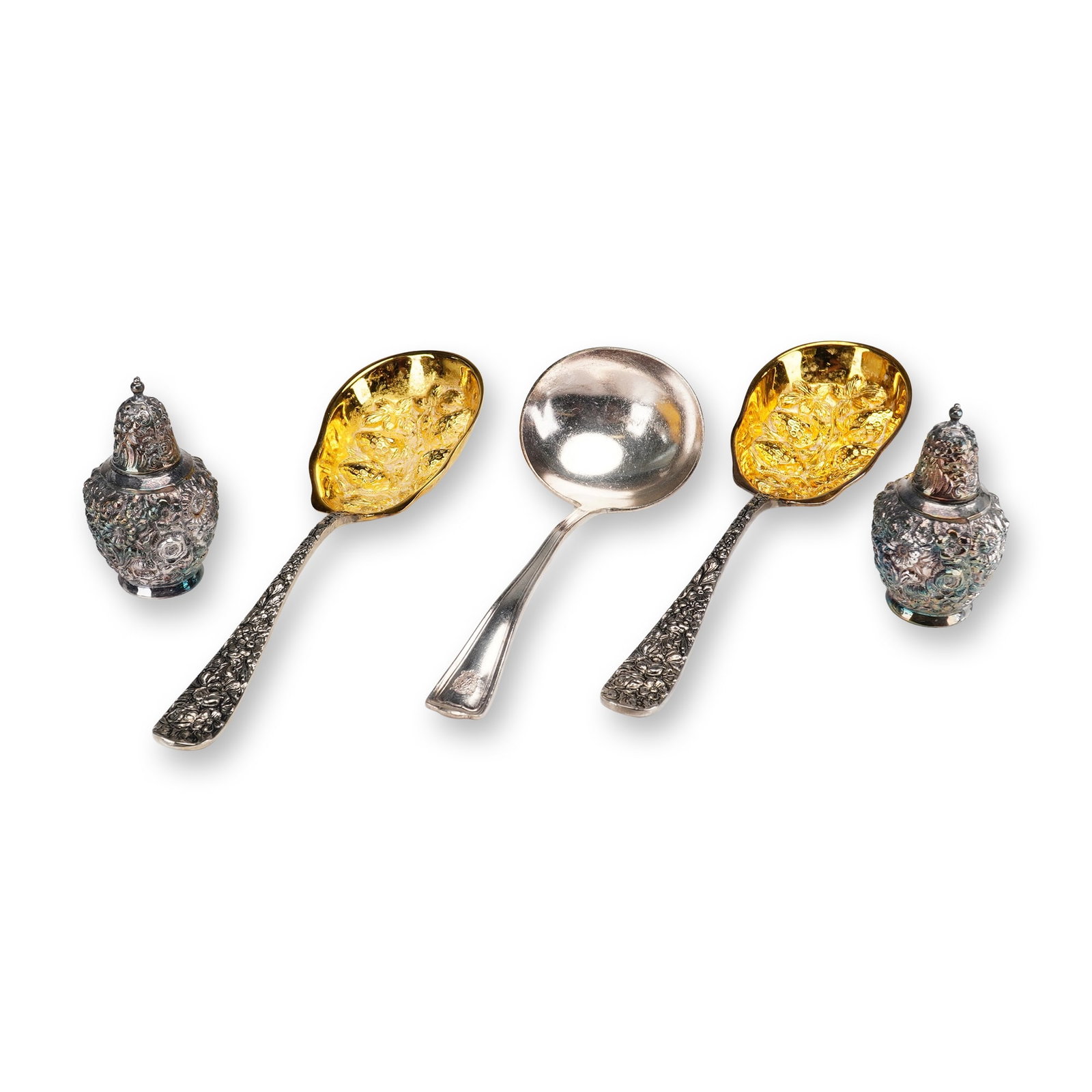 5pc Silver-Plated and Gold-Plated Foliate Motif Serving Utensils and Shaker Set: Collection includes a pair of silver-plated salt and pepper shakers by W.B. M.F.G. Co. for Weidlich Brothers Manufacturing Company, each decorated with foliate motifs. Also included is a pair of Godin