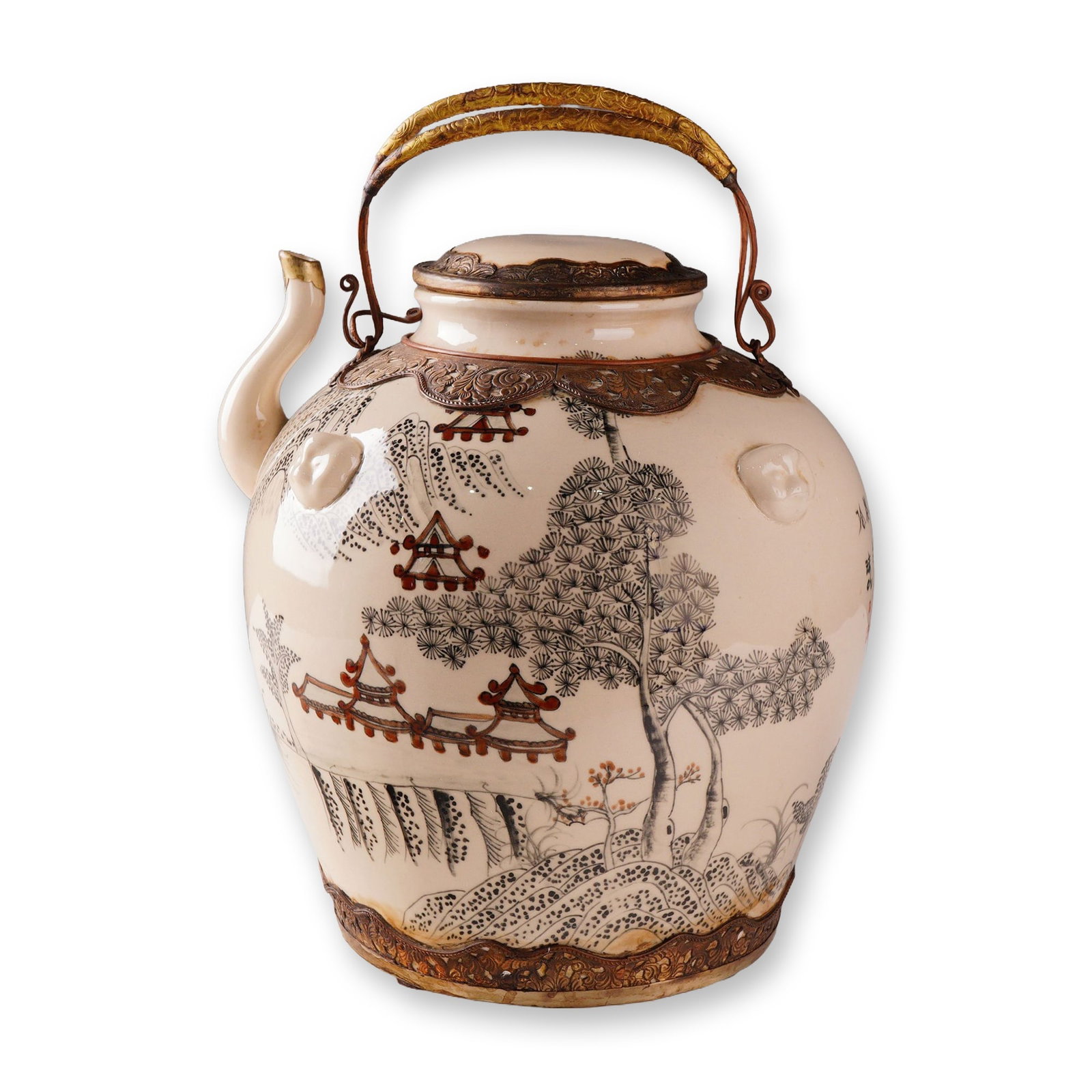 Large Asian Ceramic Lidded Kettle with Landscape Decoration (1 of 5)