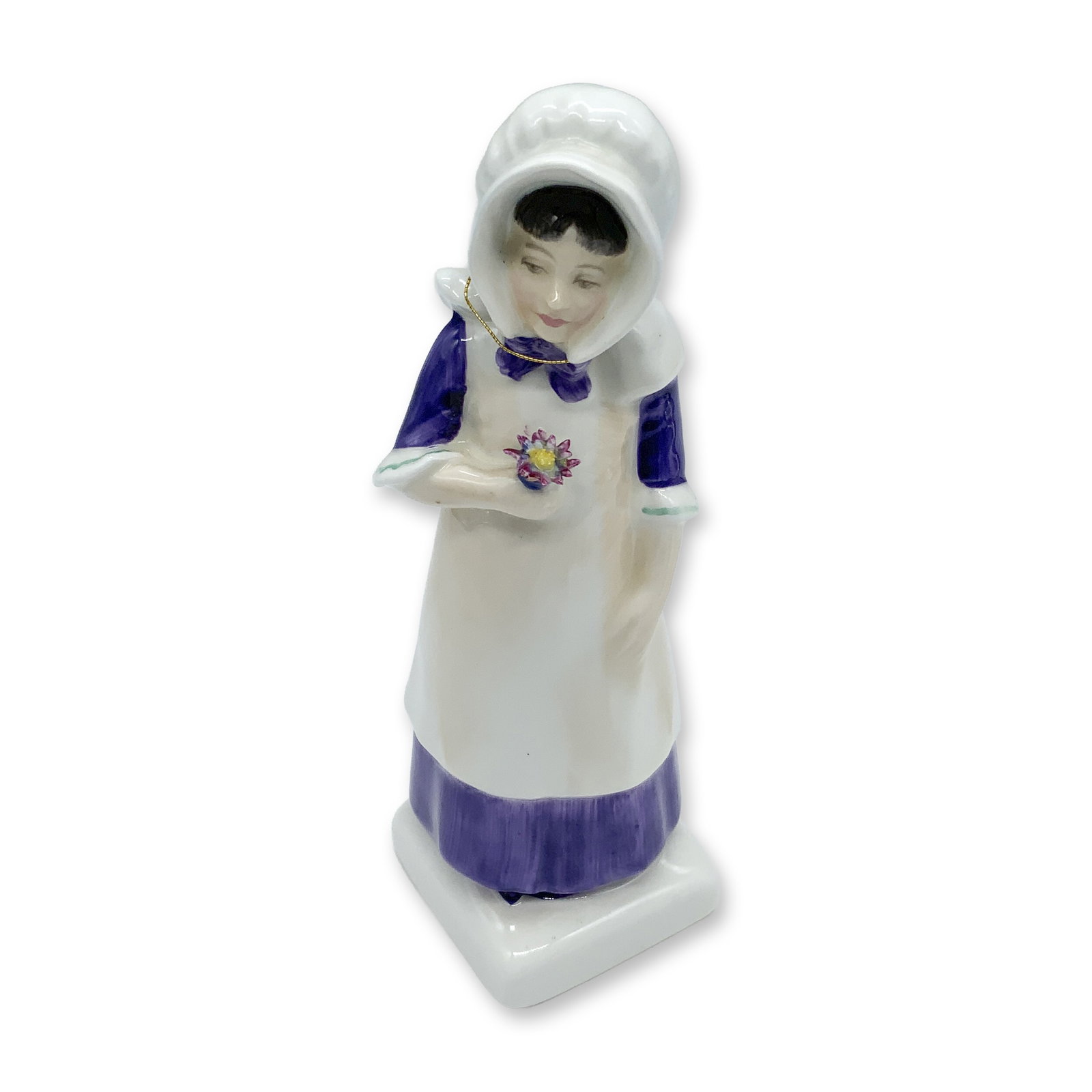 Anna - HN2802 - Royal Doulton Figurine: This girl in a purple dress sweetly holding a flower figure from the Kate Greenaway Collection is based of one of Kate's books named Under The Window which contains idyllic verses concerning children 