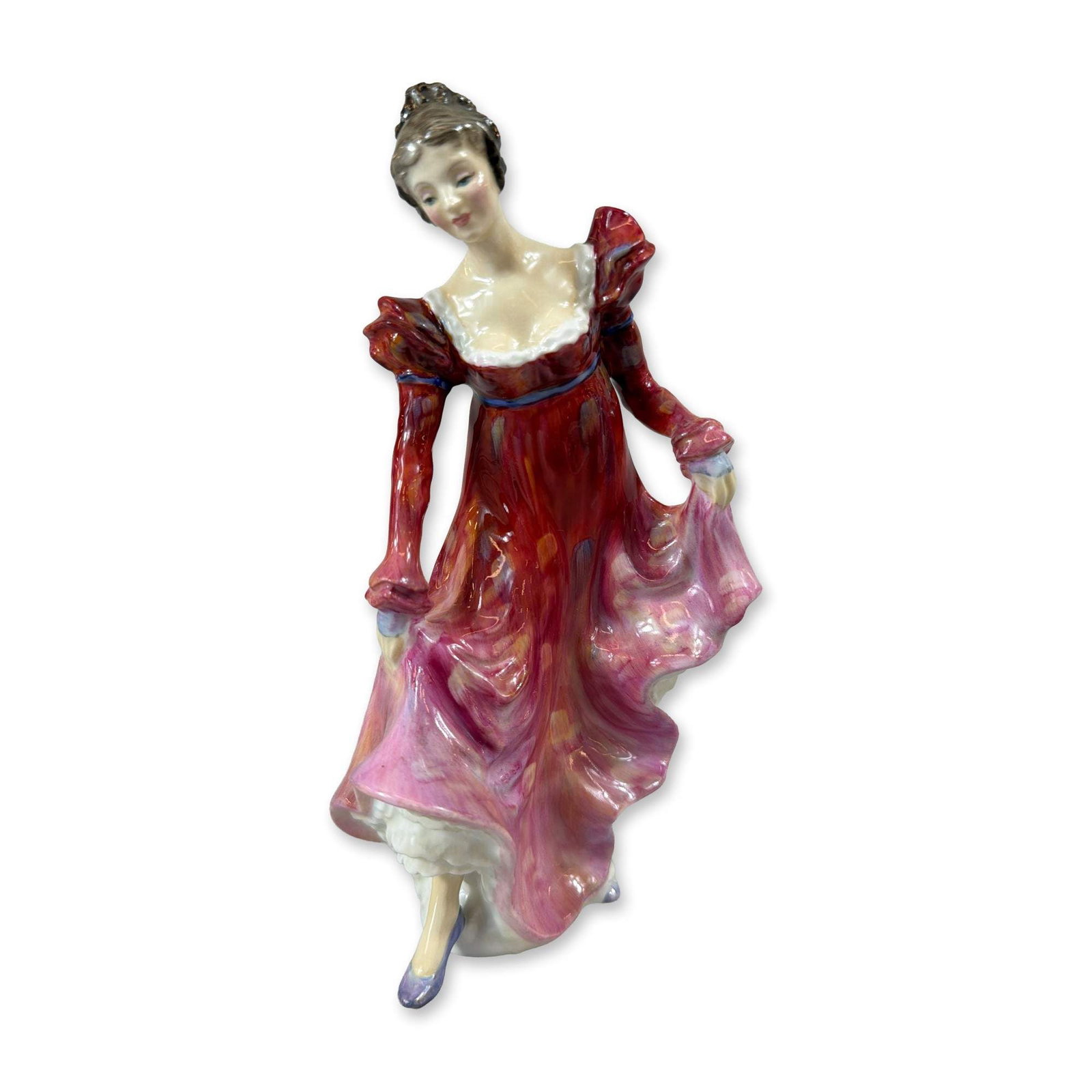 Royal Doulton English Bone China Minuet Figurine HN 2066: Royal Doulton (English). Hand-painted bone china figurine titled Minuet, model number HN 2066. The female figure is modeled in a rhythmic pose wearing a period gown with a crimson red bodice featuring
