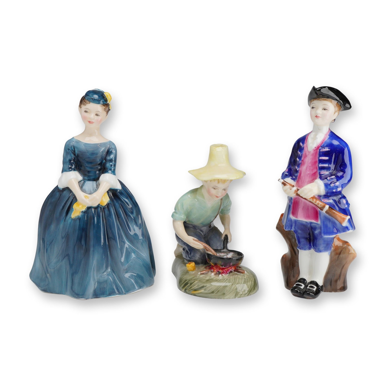 Royal Doulton Figurines, HN2128, HN2341 & HN2183: This lot features three vintage Royal Doulton fine bone china figurines, each hand-painted with a high-gloss glaze finish. The first is Cherie, model HN 2341, depicting a woman in a teal blue gown and