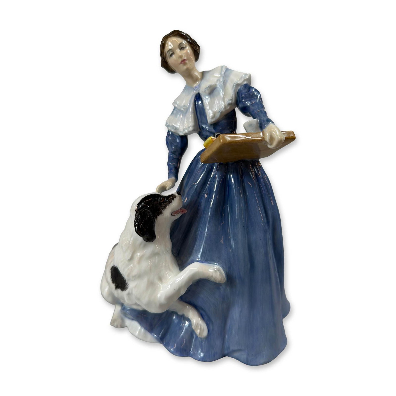 Royal Doulton Jane Eyre Porcelain Figurine: Royal Doulton bone china figurine, Jane Eyre, HN 3842, from the Literary Heroines series. Hand-decorated porcelain depicting Jane Eyre in a blue dress with a white ruffled collar holding a wooden tray