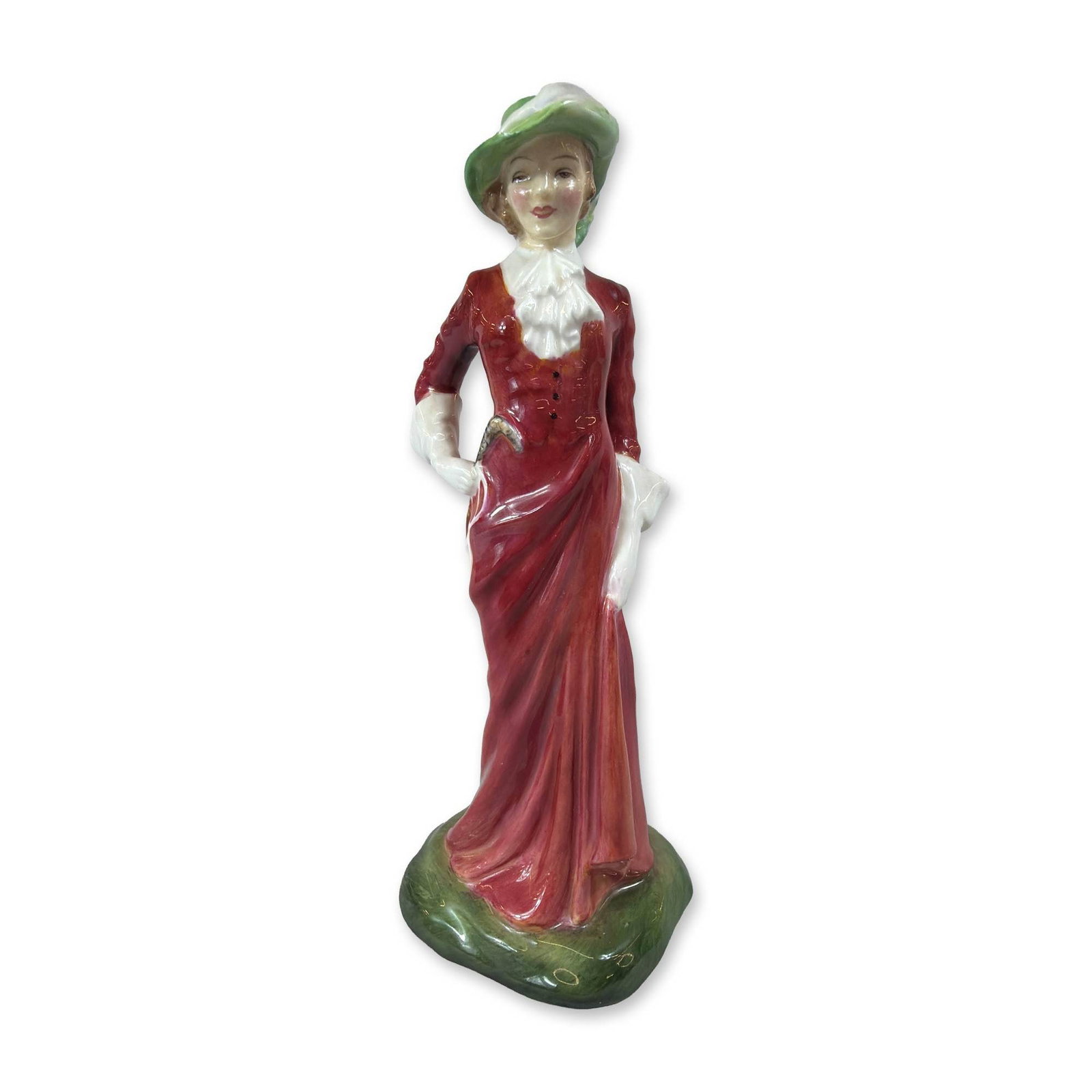 Royal Doulton Karen Bone China Figurine HN1994: Royal Doulton bone china figurine titled Karen, model number HN 1994. The piece depicts a female figure in 18th-century style riding attire, featuring a long burgundy coat with black buttons, a white 