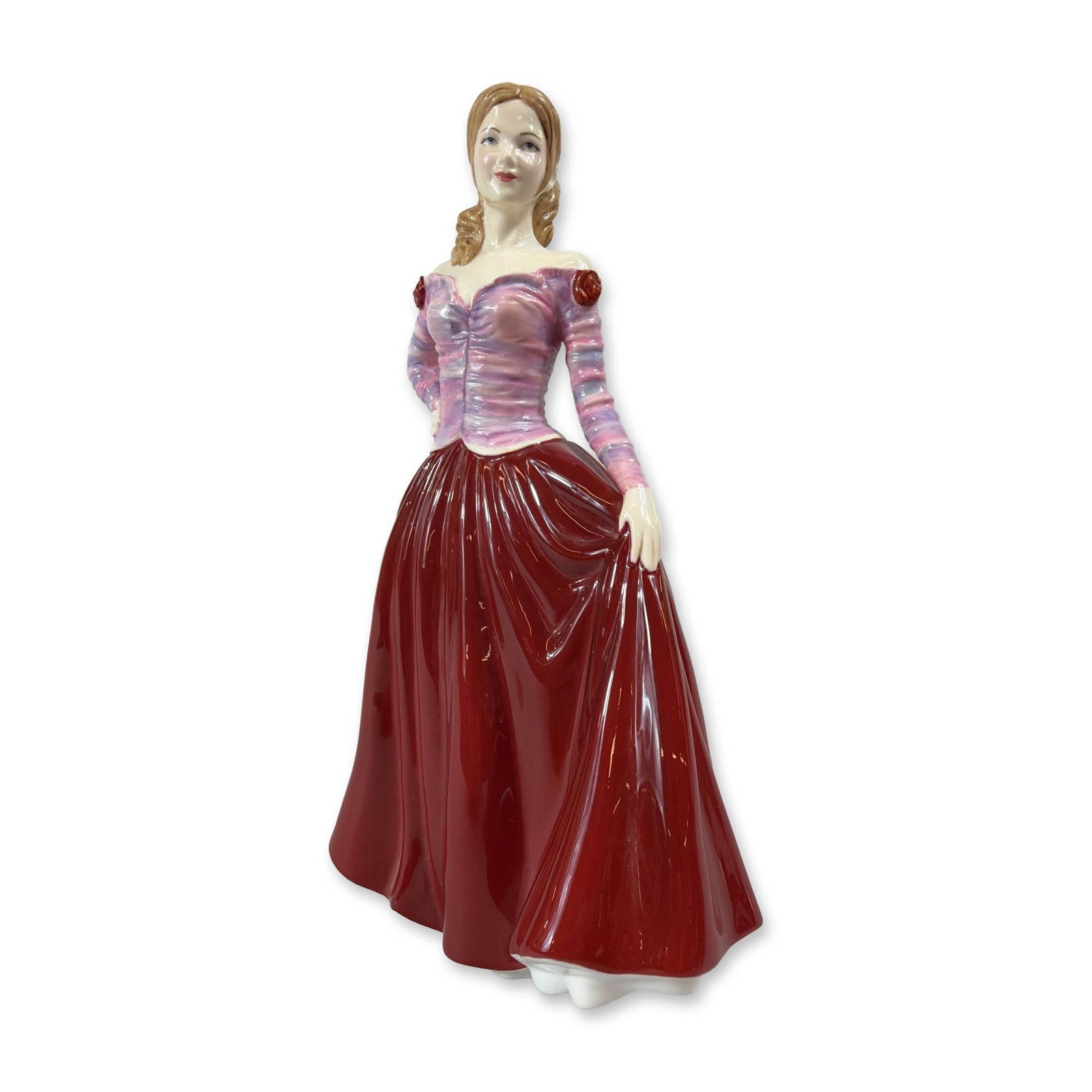 Royal Doulton Marnie Bone China Figurine HN5237: Royal Doulton Pretty Ladies bone china figurine, titled Marnie, model HN 5237. The figure depicts a standing woman with light brown hair styled with a red rose hair ornament, holding a high-gloss deep