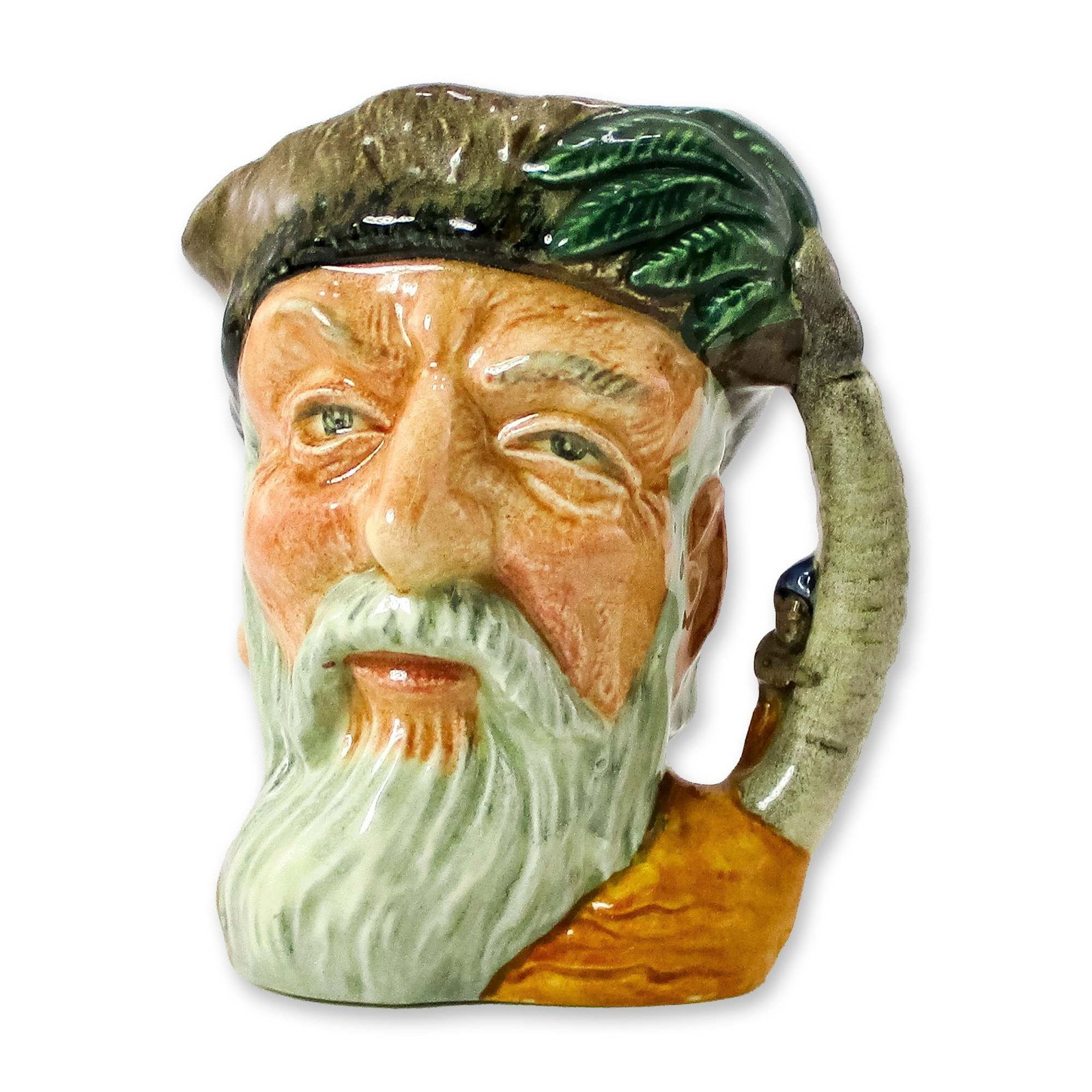 Robinson Crusoe D6539 - Small - Royal Doulton Character Jug: Variation One, with footprint on shoulder. Brown and green coloration. In 1719, Daniel Defoe wrote "Robinson Crusoe," based on the experiences of Alexander Selkirk, who was marooned on a deserted paci