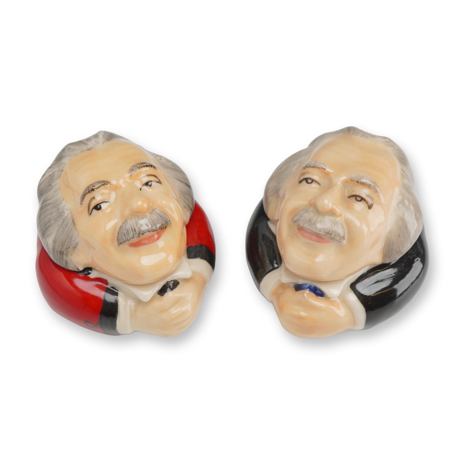 2pc Kevin Francis Face Pots, Albert Einstein: This lot consists of two hand-painted and glazed ceramic lidded containers, part of the Face Pots collection by Kevin Francis Ceramics. Both pots depict theoretical physicist Albert Einstein, featurin
