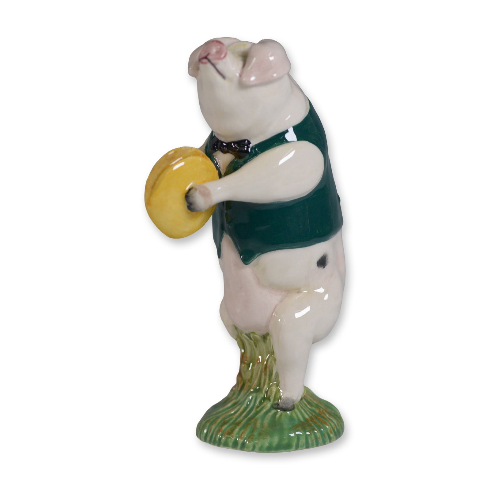 Beswick by Royal Doulton Figurine, George Cymbalist PP10: Charming Beswick by Royal Doulton porcelain figurine titled George Cymbalist, model PP10. This delightful hand-painted piece features a standing pig dressed in a green waistcoat and bow tie, holding a