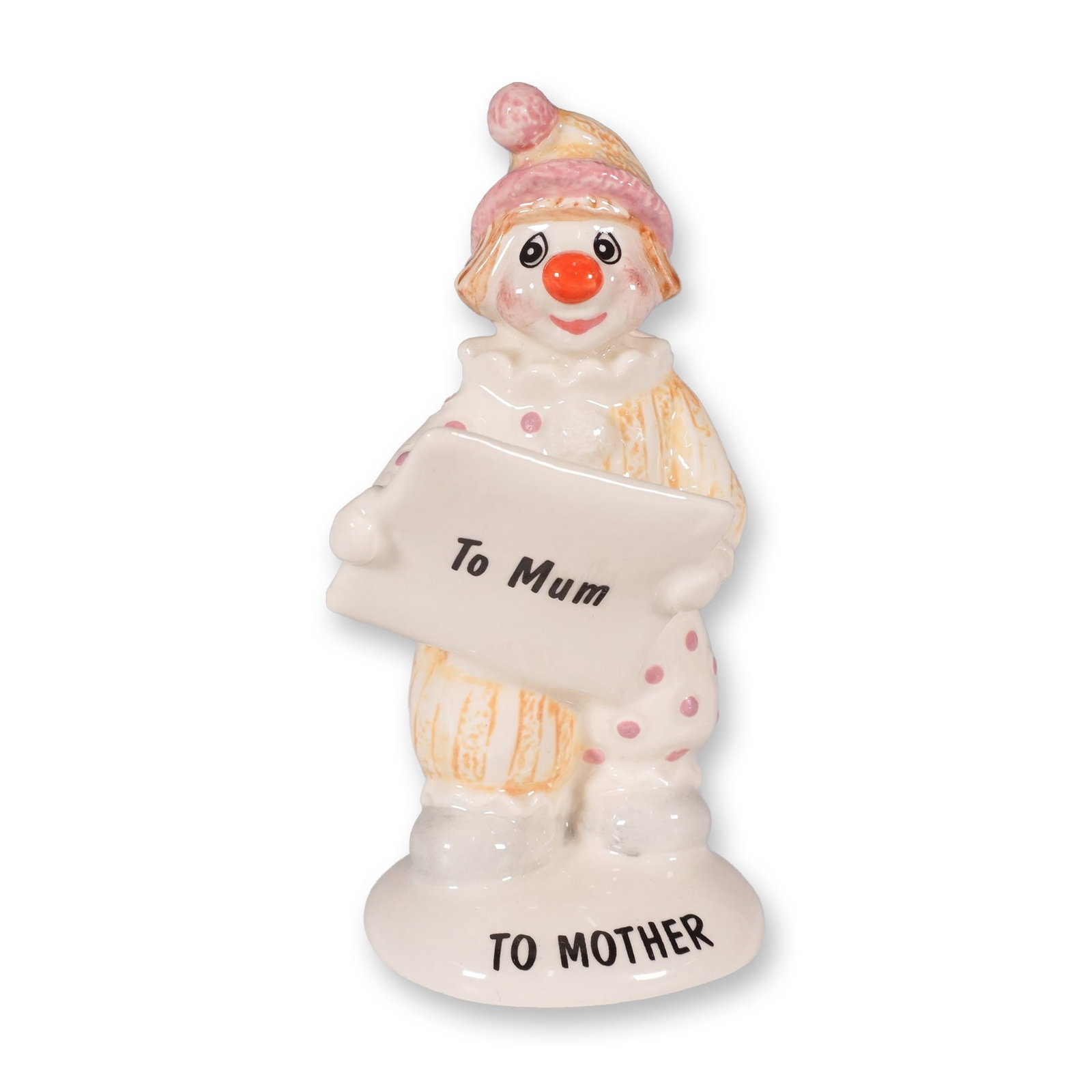 John Beswick To Mother Little Lovables Clown Figurine, LL12: Charming John Beswick Little Lovables ceramic figurine titled To Mother, model LL12. This hand-painted clown, dressed in pastel polka-dotted attire with a matching hat, holds a letter inscribed "To Mu