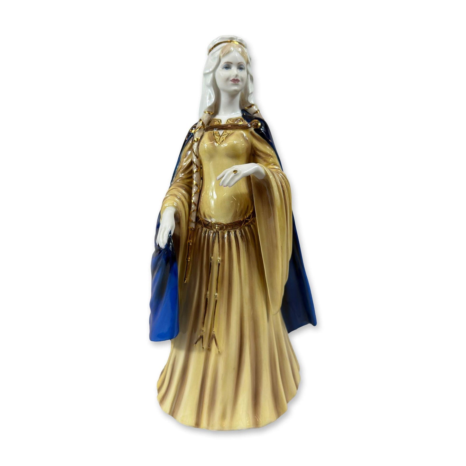 Coalport Norman Period Bone China Figurine: Coalport, England. Hand-painted bone china figurine titled Norman Period 1066-1154, modeled by artist John Bromley. The figure depicts a medieval noblewoman dressed in a pleated ochre gown with gilded