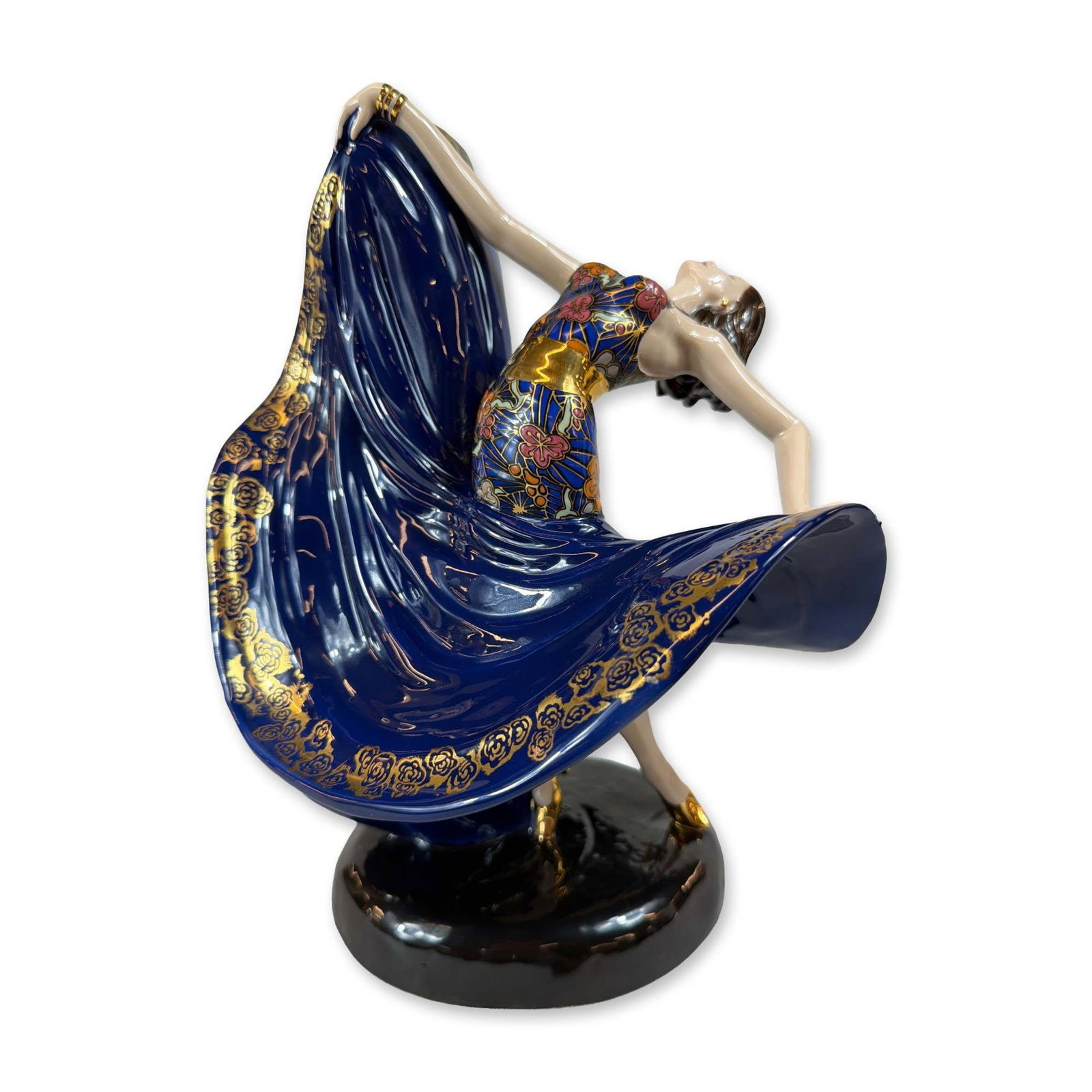 Coalport Rhapsody Art Deco Porcelain Figurine: Coalport Art Deco style porcelain figurine titled Rhapsody, designed in collaboration with Compton and Woodhouse. The glazed porcelain figure depicts a female dancer in a dramatic backbend pose, weari