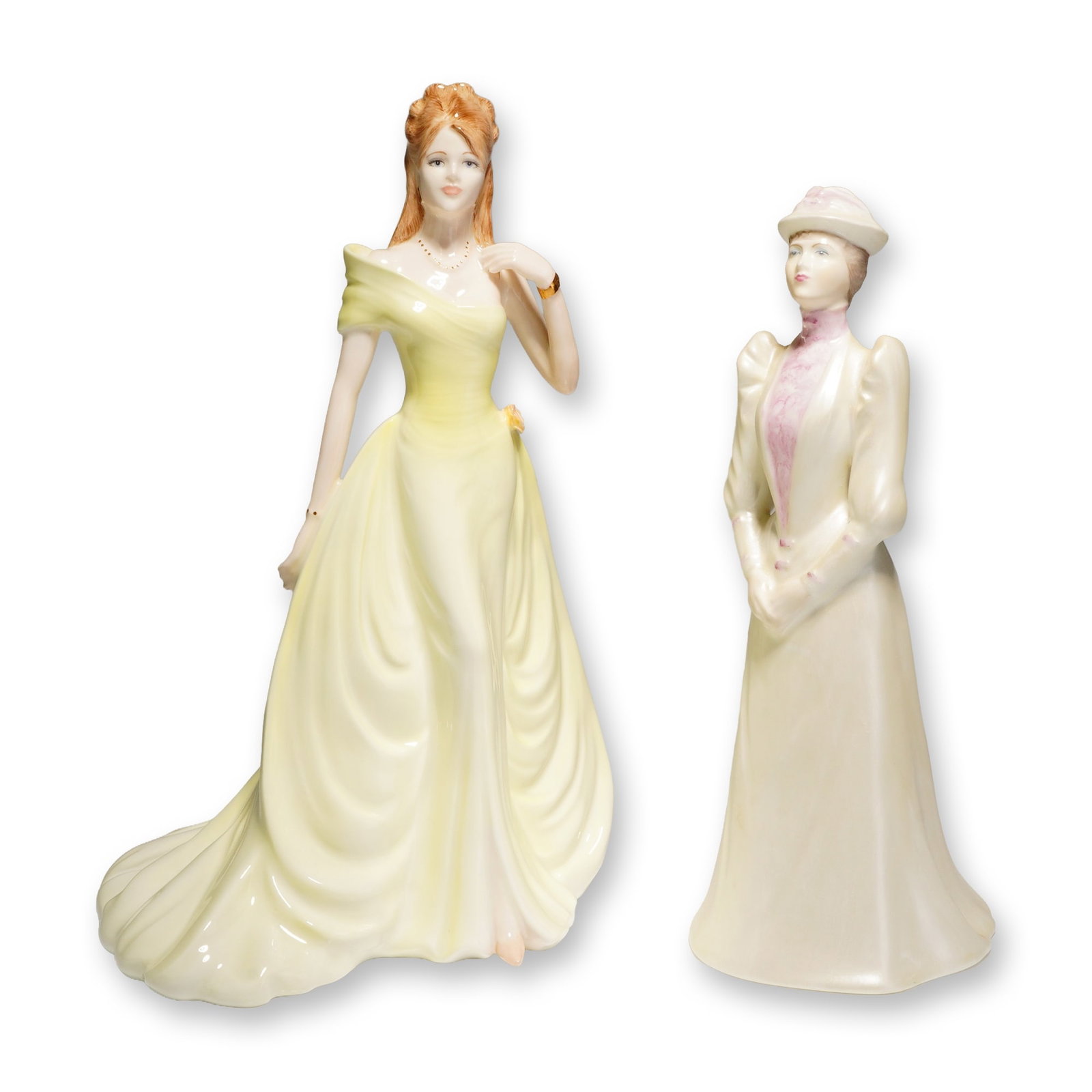 2pc Coalport Ladies of Fashion Bone China Figurines, Janet and Susan: Two Coalport bone china figurines from the Ladies of Fashion series, featuring the models titled Janet and Susan. The Susan figurine is depicted in a pale yellow off-the-shoulder evening gown with aub