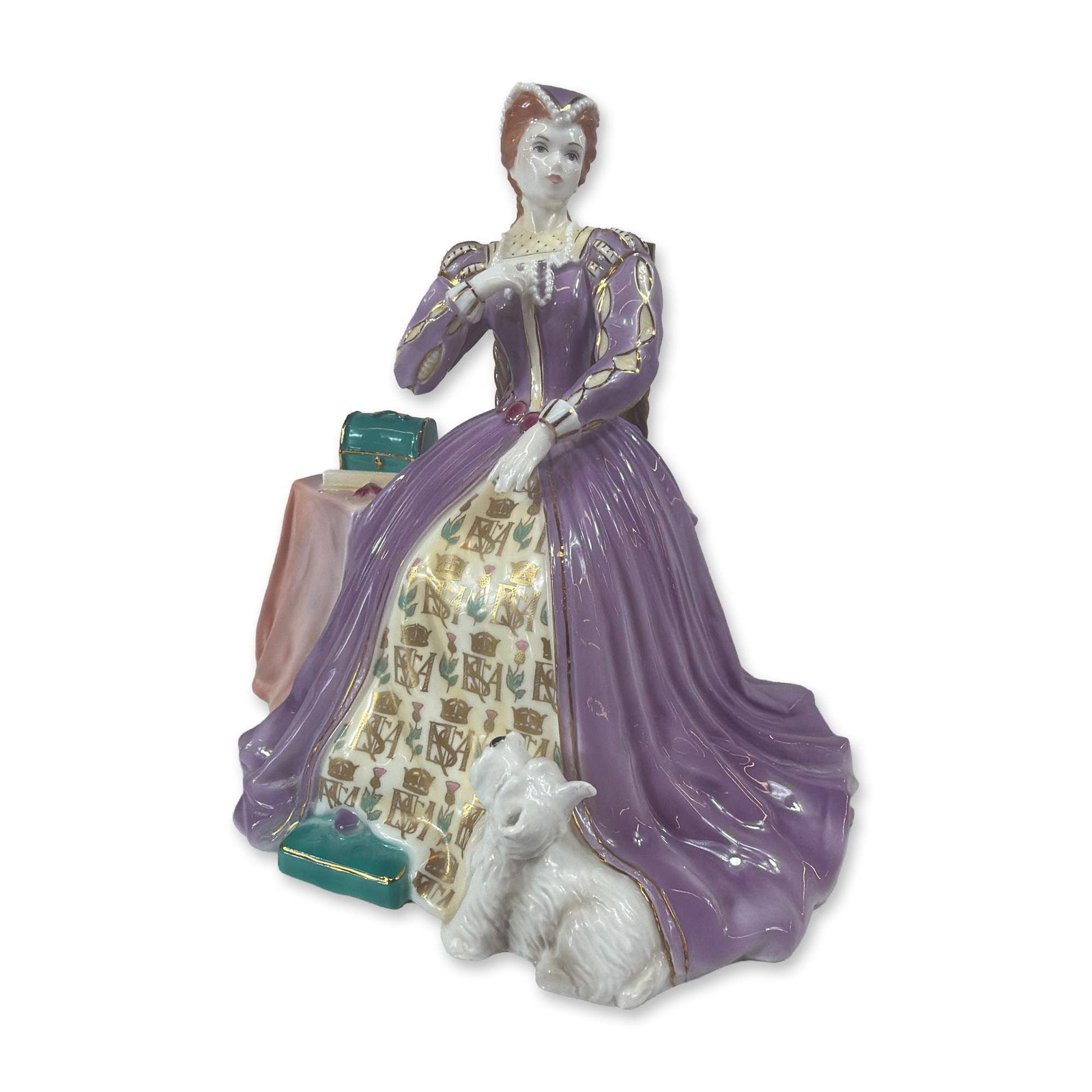 Royal Worcester Mary Queen of Scots Porcelain Figurine: A Royal Worcester fine bone china figurine titled Mary Queen of Scots, model CW374, produced as a limited edition for Compton and Woodhouse. The figure is depicted in a seated pose wearing a lavender 