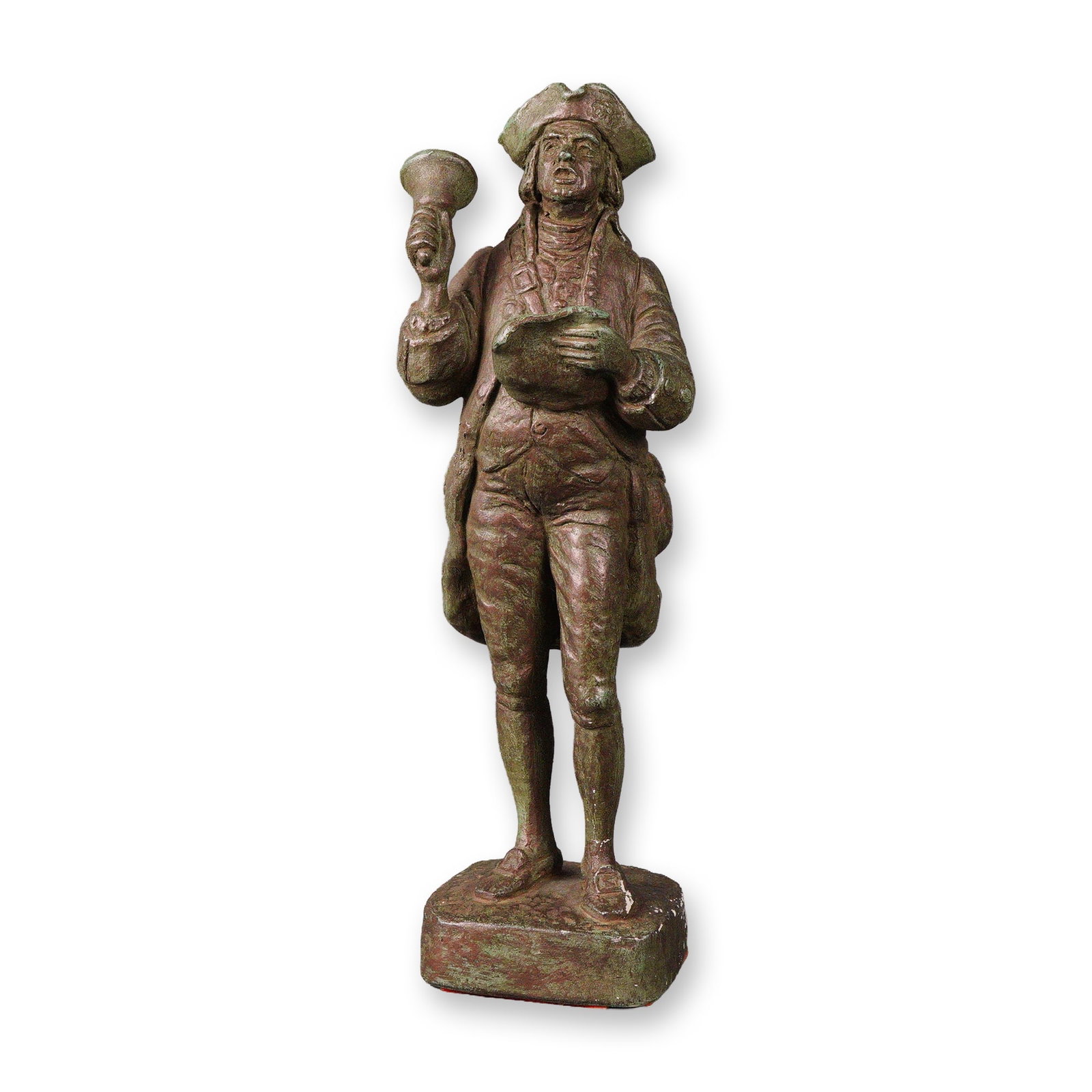 1964 Austin Productions Town Crier Figurine: An Austin Productions Town Crier figurine, dated 1964. This figurine depicts a standing male figure dressed in 18th to early 19th-century style clothing, including a tricorne hat, long coat, waistcoat